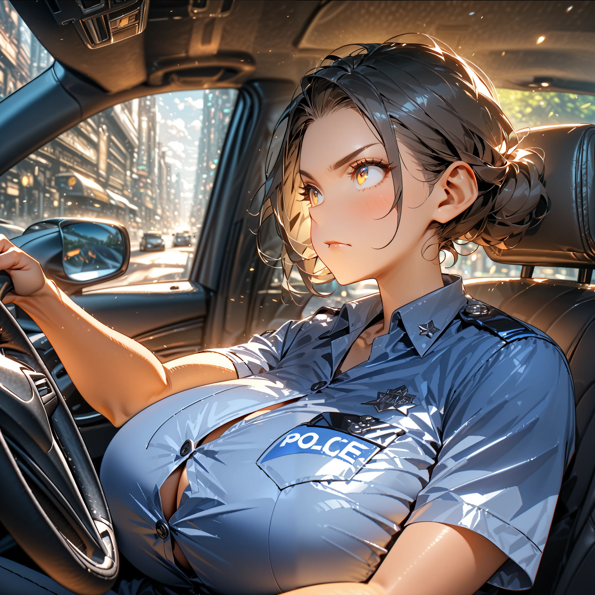 (masterpiece quality, high resolution, detailed background:1.25), (solo, 1 police woman) short sleeve black and silver police uniform, (tight shirt, button gap, straining to stay on, breast rest, driving a car in a city, dark and cloudy outside, (cool, boyish:1.25), (gigantic breasts), serious expression, ((car interior, steering wheel, driving, sitting)), 