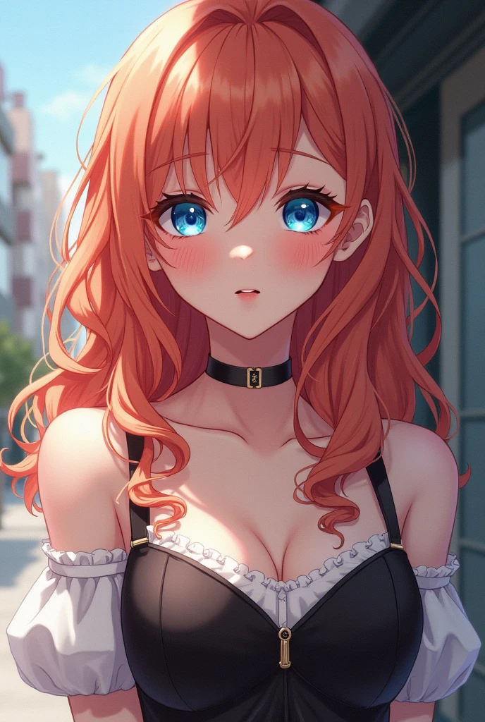 a busty girl with long dark red hair in a ponytail, dark blue eyes, wearing a ripped anime-style school girl uniform, almost showing her nipple through her ripped bra, realistic, highly detailed, 8k, ultra-detailed, photorealistic, photo-realistic, extreme detail description, physically-based rendering, masterpiece, vivid colors