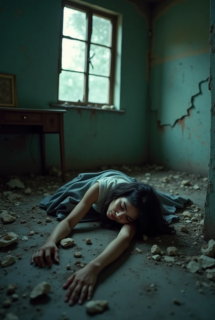 (Une femme sale assise sur une chaise dans une maison délabrée, her wet, disheveled hair covering her eyes, wearing detailed bodycon shirt and pleated skirt, wide angle view, toe, damaged, hand drawn, Cinematic lighting, extremely detailed, white, brun, rot, composition parfaite, head of&#39;artwork, best quality, 4K, sharpness, Anatomie parfaite)