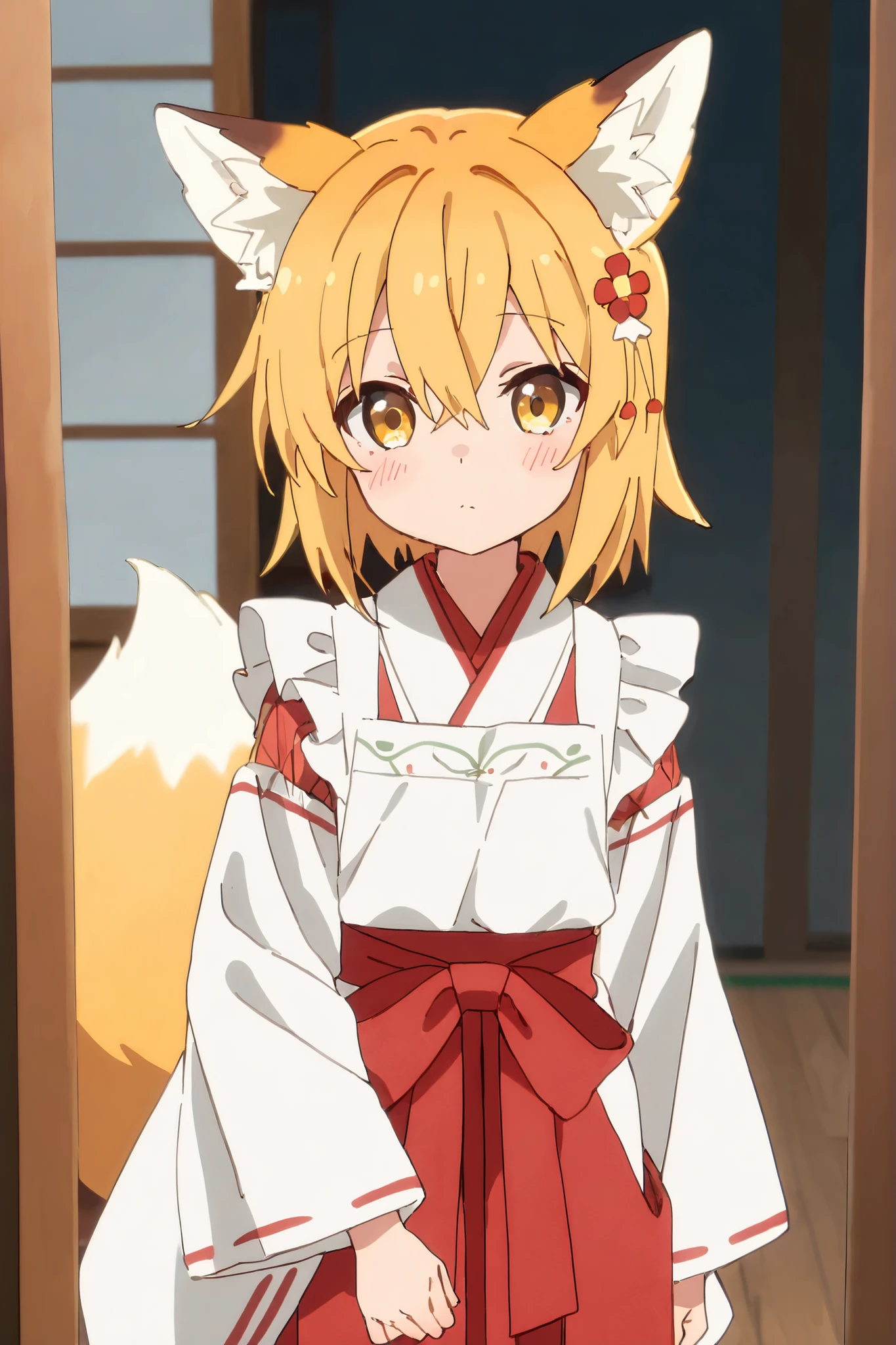NSFW,masterpiece,best quality,high resolution,very detailed,Fairy Fox\(世話やきキツネのFairy Foxさん\),short hair,bungs、 Gold、hair ornament、 Beast Ears、hair between eyes、yellow eyes、flower、髪のflower、 Beast Earsの綿毛、fox ears、赤いflower、Fox Girl,long sleeve、Tuxedo、 kimono、wide sleeve 、kimono、apron、 ribbon decoration、Hakama、Hakamaスカート、 ribbon decoration袖、白kimono、Shrine maiden、茶色のapron