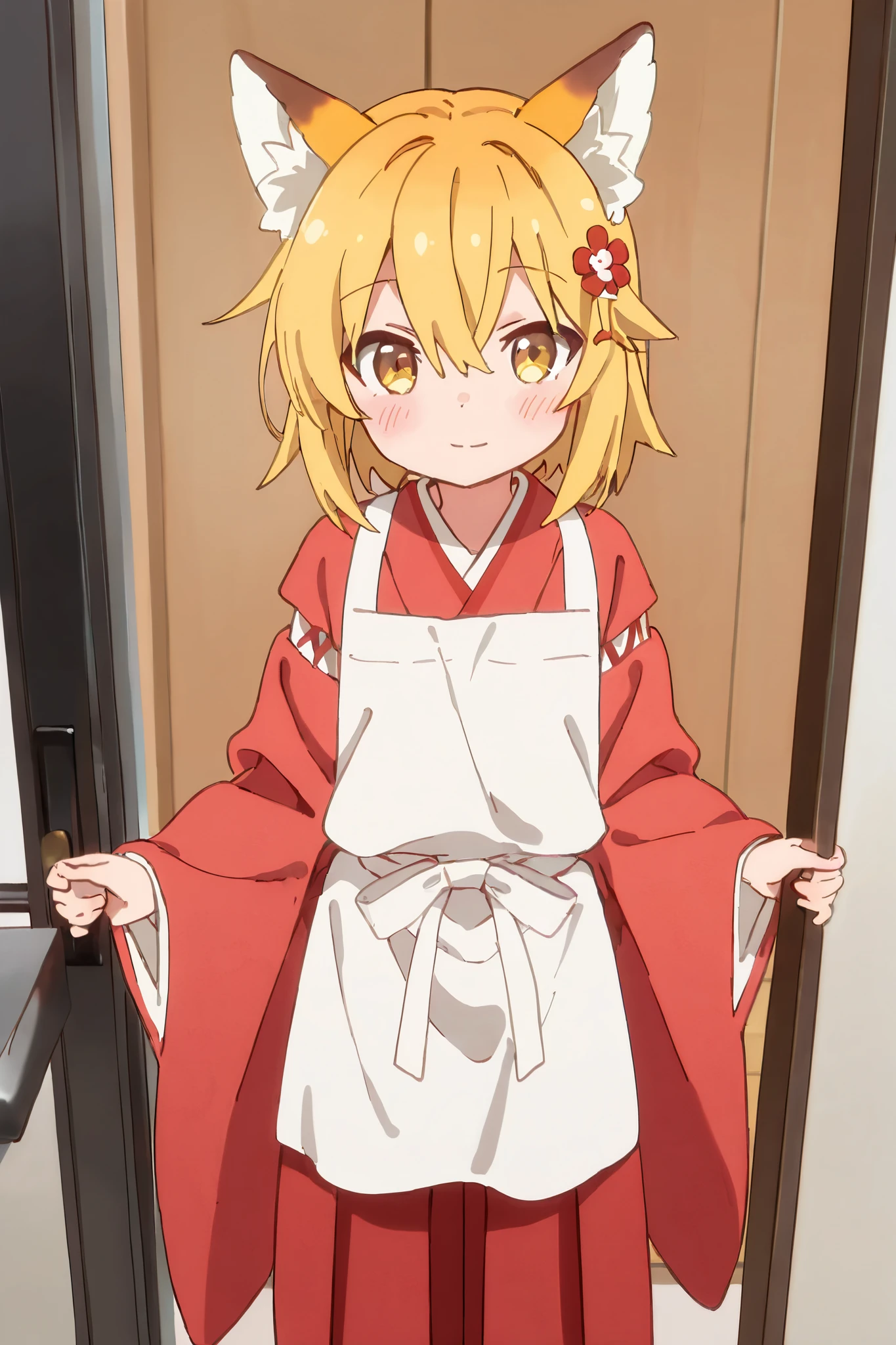 NSFW,masterpiece,best quality,high resolution,very detailed,Fairy Fox\(世話やきキツネのFairy Foxさん\),short hair,bungs、 Gold、hair ornament、 Beast Ears、hair between eyes、yellow eyes、flower、髪のflower、 Beast Earsの綿毛、fox ears、赤いflower、Fox Girl,long sleeve、Tuxedo、 kimono、wide sleeve 、kimono、apron、 ribbon decoration、Hakama、Hakamaスカート、 ribbon decoration袖、白kimono、Shrine maiden、茶色のapron