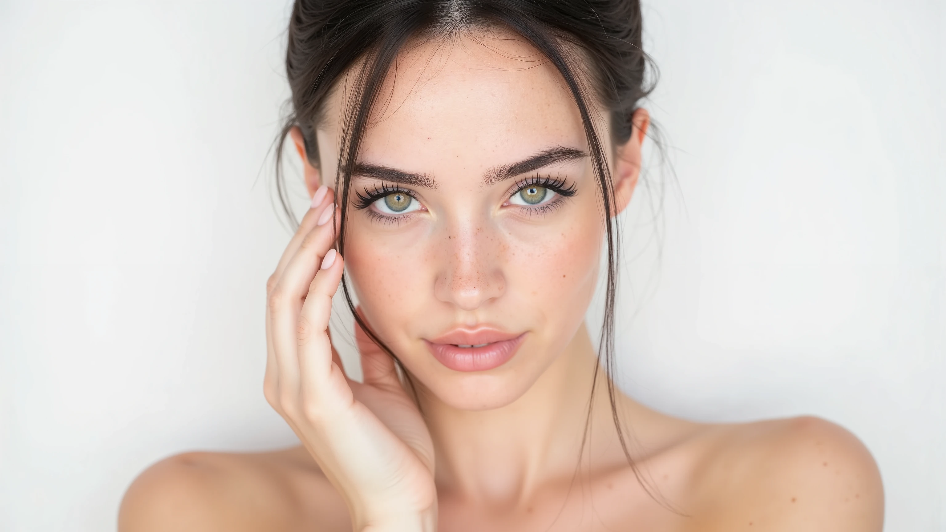 Completely pure white background like a set, close-up of the face, hair up, white eyes, Very young sexy (brunette) girl 18-20 and looking on camera, long eyelashes, luscious lips, oval face shape, perfect face, perfect hands with five finger, perfect nose, big breasts, firm breasts, taken in 2 0 2 4, Retrato Sophie Mudd, pose casual, 1, foto perfil, Kailee Mandel, 2,, she’s have a hourglass fit body and huge natural breast