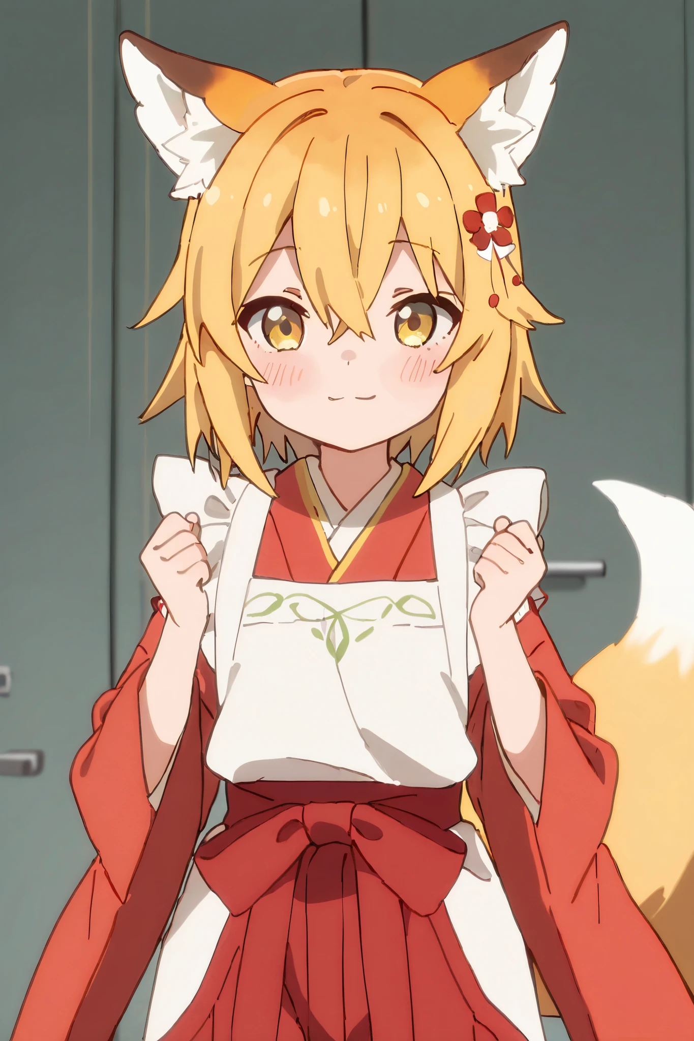 NSFW,masterpiece,best quality,high resolution,very detailed,Fairy Fox\(世話やきキツネのFairy Foxさん\),short hair,bungs、 Gold、hair ornament、 Beast Ears、hair between eyes、yellow eyes、flower、髪のflower、 Beast Earsの綿毛、fox ears、赤いflower、Fox Girl,long sleeve、Tuxedo、 kimono、wide sleeve 、kimono、apron、 ribbon decoration、Hakama、Hakamaスカート、 ribbon decoration袖、白kimono、Shrine maiden、茶色のapron