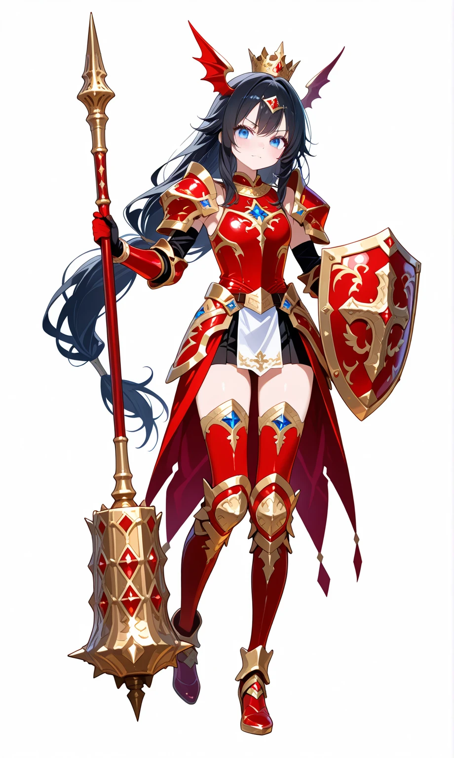 (masterpiece:1.2), (highest quality:1.2), 1girl, solo, purple-hair, long-hair, shield, breasts, weapon, armor, cleavage, large-breasts, polearm, helmet, open-mouth, smile, boots, purple-eyes, gauntlets, very-long-hair, thighhighs, blue-eyes, full-body, red-armor, looking-at-viewer, :d, blush, thigh-boots, simple-background, armored-boots,
