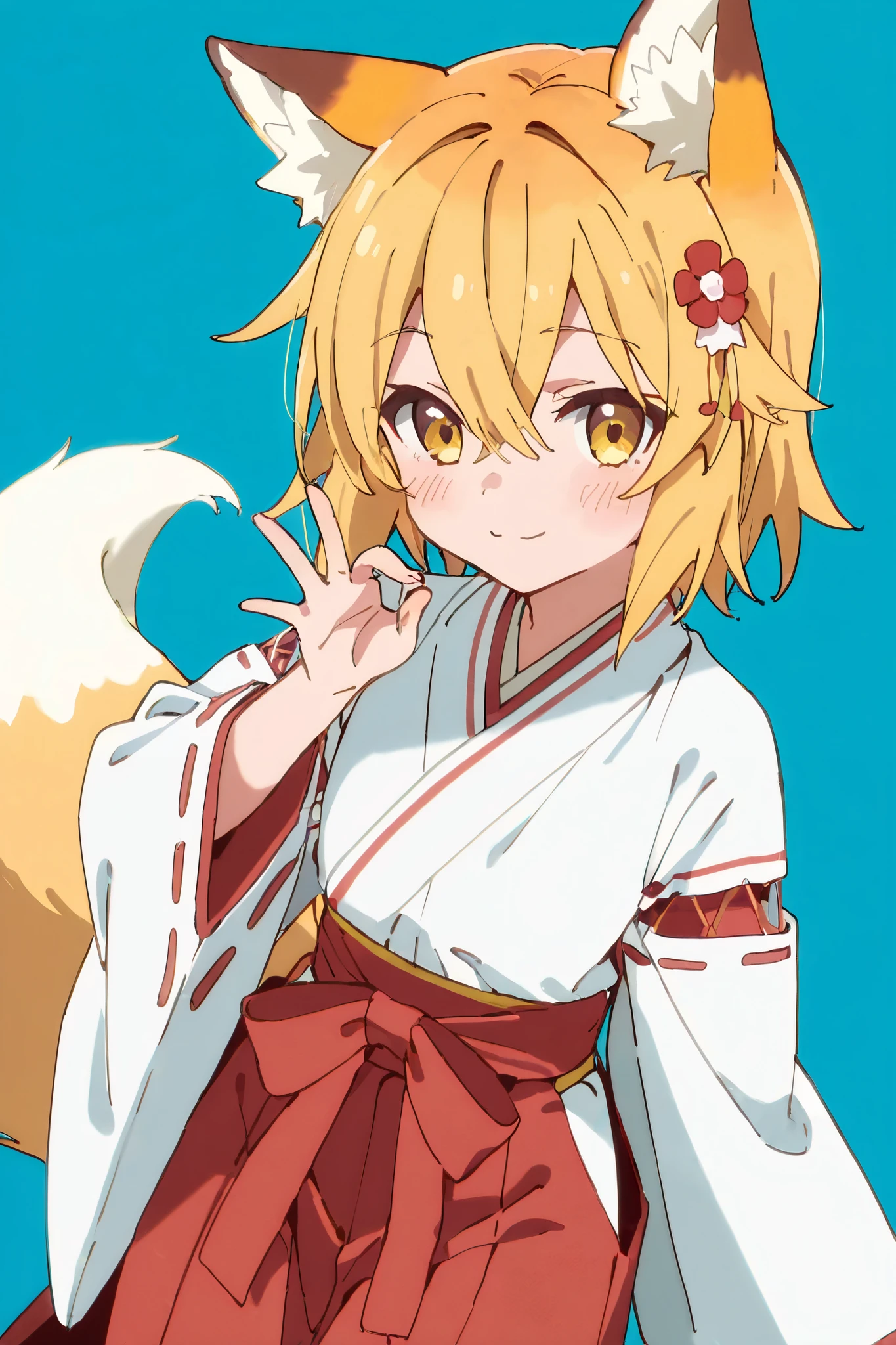 1girl, (suzuran \(arknights\):1.1), arknights, blonde hair, blue hairband, braided hair rings, fox ears, fox girl, fox tail, kitsune, multiple tails, flat chest, smile, closed eyes,
traditional pink kimono with floral print, wide shot,
black background
