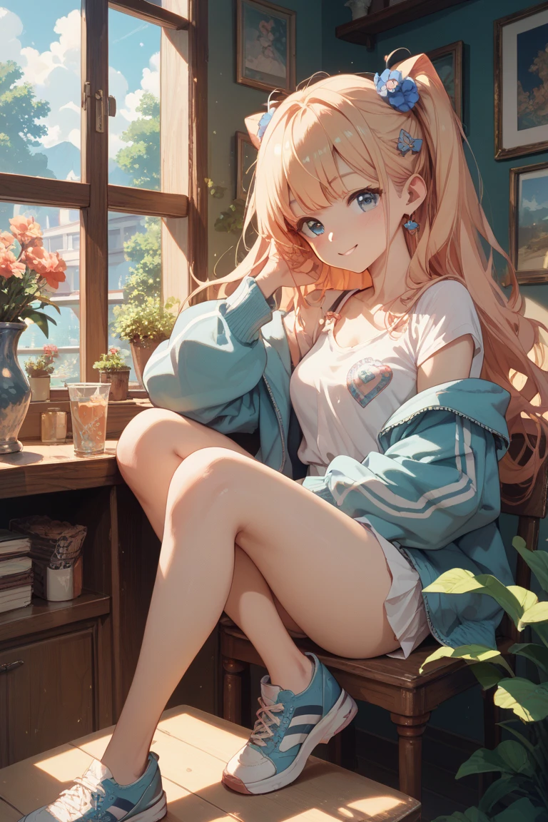 Chestnut Hair、Semi-long hair、Blushing、I can see her pantie-shaped legs、On the sofa、Coffee shop
