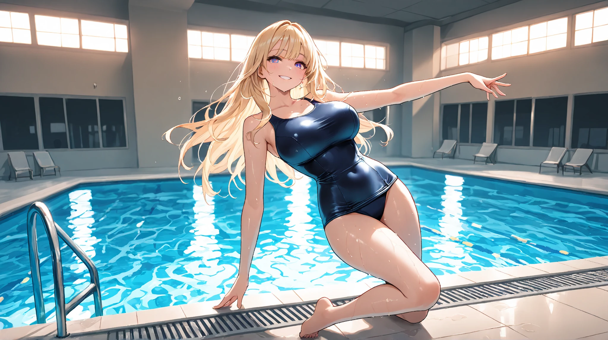 1girll,Masterpiece,illustration,(Best quality:1.4),Beautiful detailed eyes ,Very long hair,crossed bangs,Blonde hair,Shiny hair ,aquamarine Eyes ,Smile ,(Large breasts:0.7) ,high-leg swimsuit,compete swimsuit,Moist,Sweat ,Swimming ,From the front side ,In the pool,Night,Starry sky,Neon light