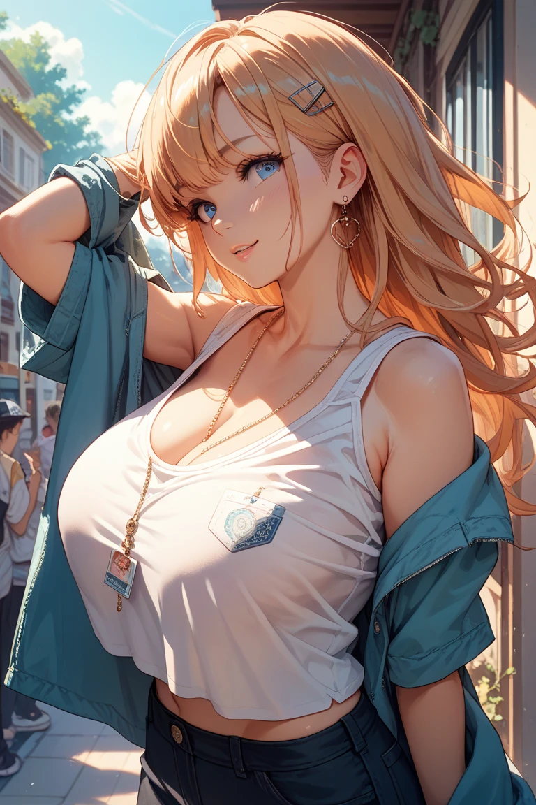 Anime style, filmgPortrait photo, 1womanl, 30-years old, full bodyesbian, large full breasts, Angry, Golden hair, Longhaire, Blue eyes, Wearing a light blue dress, (Natural Skin Texture vibrant detail, hyper realisitic, (Realistic detailed eyes, Natural Skin Texture, Realistic face details), Soft dramatic lighting, depth of fields, bokeh, vibrant detail, hyper realisitic, 35mm filmg, Hazy blur, filmg,