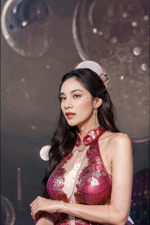 RAW Photos, Soft lighting, Film Grain, 16K Wallpaper, masterpiece, highest quality, Very detailed, 40~50 years old, Full Body Shot, Mature Woman, beautiful, 魅惑的なsmile,Thick lips, Provocative expression, Glossのある髪, Curvaceous and seductive face,Mischievous face,,An inviting gaze,Emphasis on anatomical balance of the human body,A gentle gaze,smile, 妖Gloss,Pink lipstick,Pink Eyeshadow,Luxurious exterior,perfectionなボディ、accessories,Each part of the body is anatomically very well structured., perfection,Best Necklace、Unparalleled beauty、2 wrists、2Book legs、One Face、妖Gloss、Luxurious exterior、smile、Gloss、超滑らかな肌highest qualityのコーディネート、Great background、Super high-end、nice、Sparkling eyes、(((Wear sparkling jewelry)))、(((Alone)))、(((Colorful intricately designed dress)))、Less exposed skin、((場所はGreat backgroundです、Sparkling starry sky、Seaside、Resort)))、(((Ornately decorated white lace robe)))