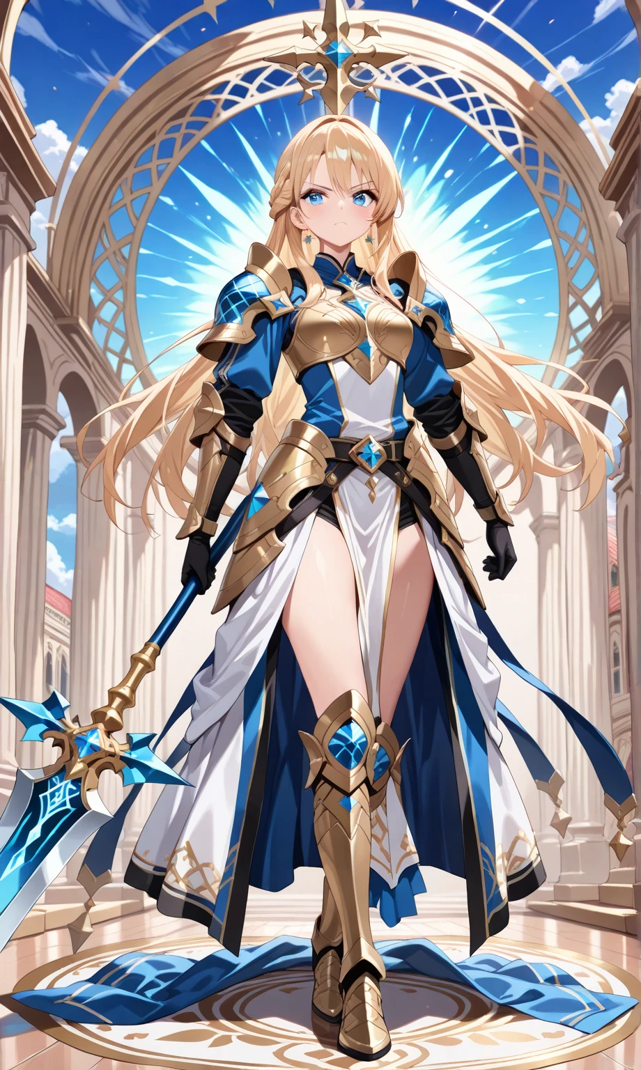 bright expression、poneyTail、Young shiny shiny white shiny skin、Best Looks、Blonde reflected light、Platinum blonde hair with dazzling highlights、shiny light hair,、Super long silky straight hair、Beautiful bangs that shine、Glowing crystal clear attractive big blue eyes、Very beautiful nice cute 16 year old girl、Lush bust,Beautiful detailed eyes, beautiful detailed nose,(( Full body:1.25)),Makeup that the eyes emphasize、((Pleated skirt with many folds)),(Women like Joan of Arc)、s Armor、Knights, With a sword and shield,Royal style,Comic style, , Sub-surface scattering, ornate detail, nature backdrop, Hyper-realistic, ((Cinematic)), Dramatic Lighting, masutepiece