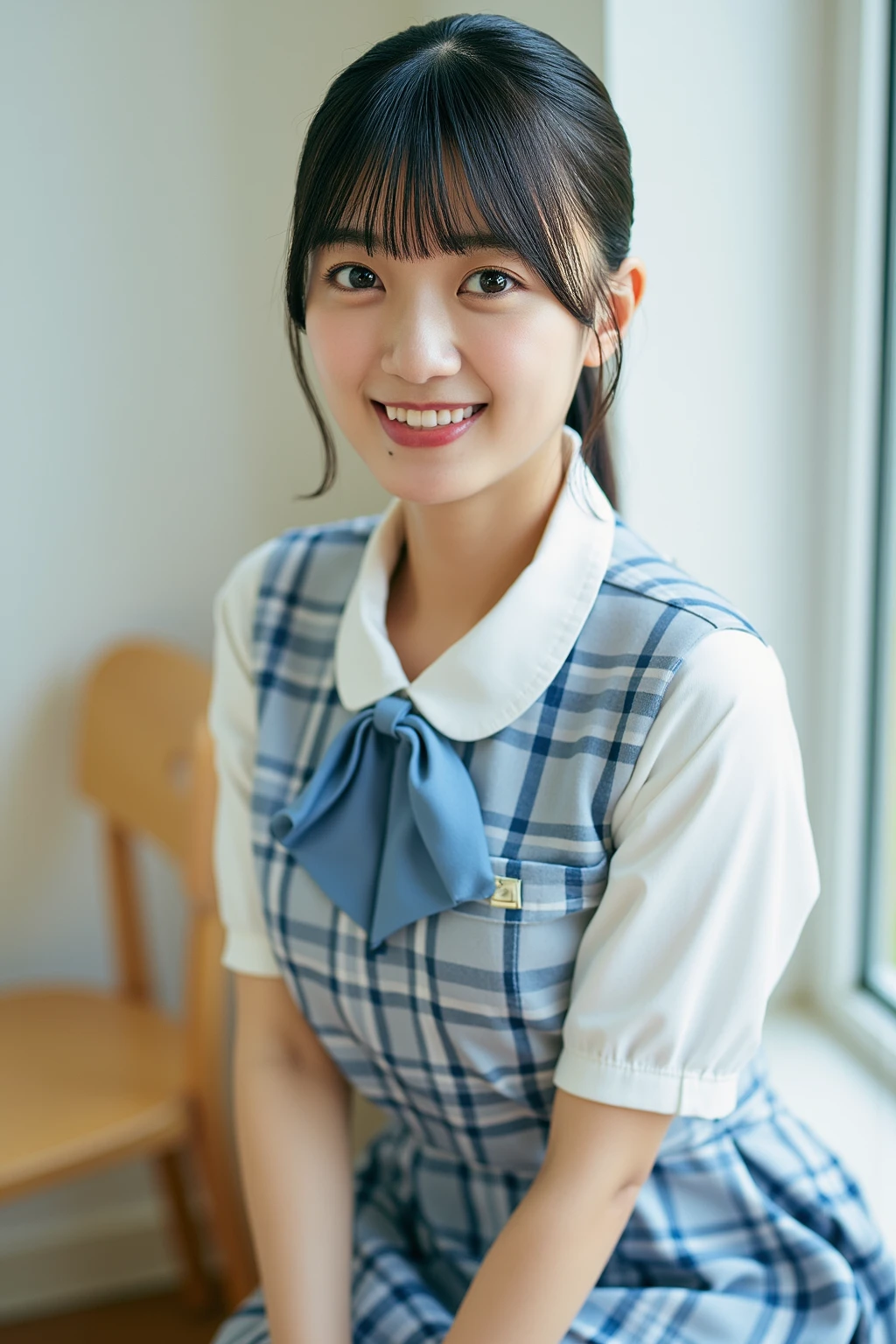 Highest quality、masterpiece、8k、Very detailed、Realistic、One girl、Looking at me with a smile、Black Hair、Short Hair、Small face、Slender、Big Breasts、Thin and beautiful legs、narrow and constricted waist,、Young face、A tight-fitting short-sleeved white shirt with buttons and a collar、Short navy blue pleated skirt、Red ribbon on chest