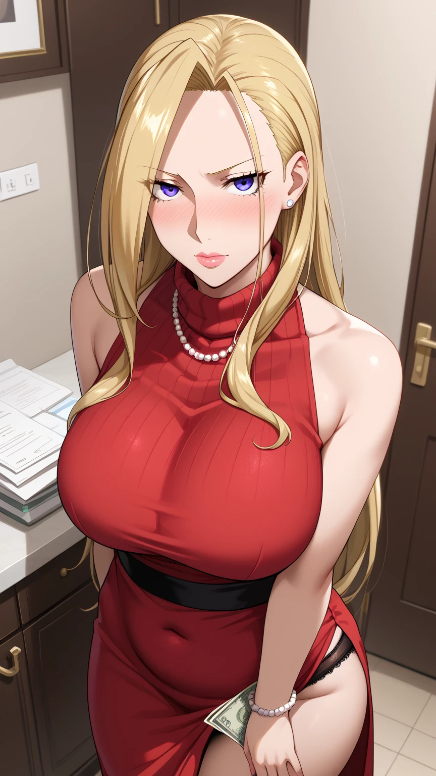 1girl, mature female, older, huge breasts, milf, motherly, wide hips, curvy, lusamine, collarbone, lips, score_9, score_8_up, score_7_up, score_6_up, source_anime, Accurate describe shapes, beautiful face, expressive eyes, looking at viewer, solo, close-up, sitting, sofa, indoors, scenery, dramatic lighting, seductive smile