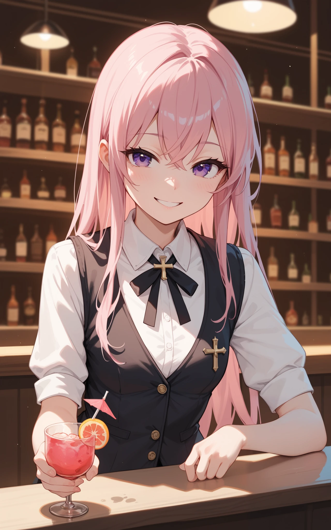 female, pink hair, cross bangs, long hair, purple eyes, bar, black vest, white shirt, cocktail Shaker, Smile, Small Breasts, anime, 