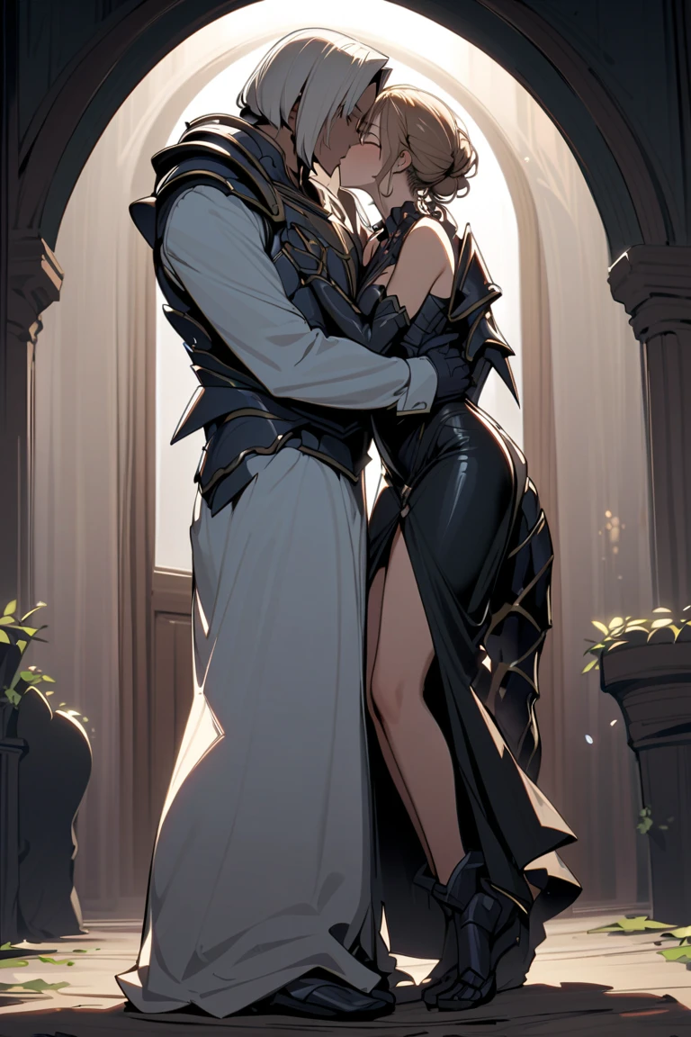 (((a man and woman couple posing dynamically, each one with their respective Lora)))At the heart of an incredibly realistic work of art., The neocruz man, or man , Midway transitions under the cover of night.. His muscles ripple and long black hair with a Count Dracula-style beard. , beautiful hugging woman.. He finds himself before an adult vampire junkotvv woman with (cat ears)., Her sleek leather outfit hugs her curves in a seductive way. its length, cabello negro con cat ears cae en cascada por su espalda, covering his face while putting up fierce resistance.. The captivating scene comes to life through fantastic realism., with every detail meticulously represented for the best sensory experience at night and under a full moon, on the outskirts of a gothic style castle.