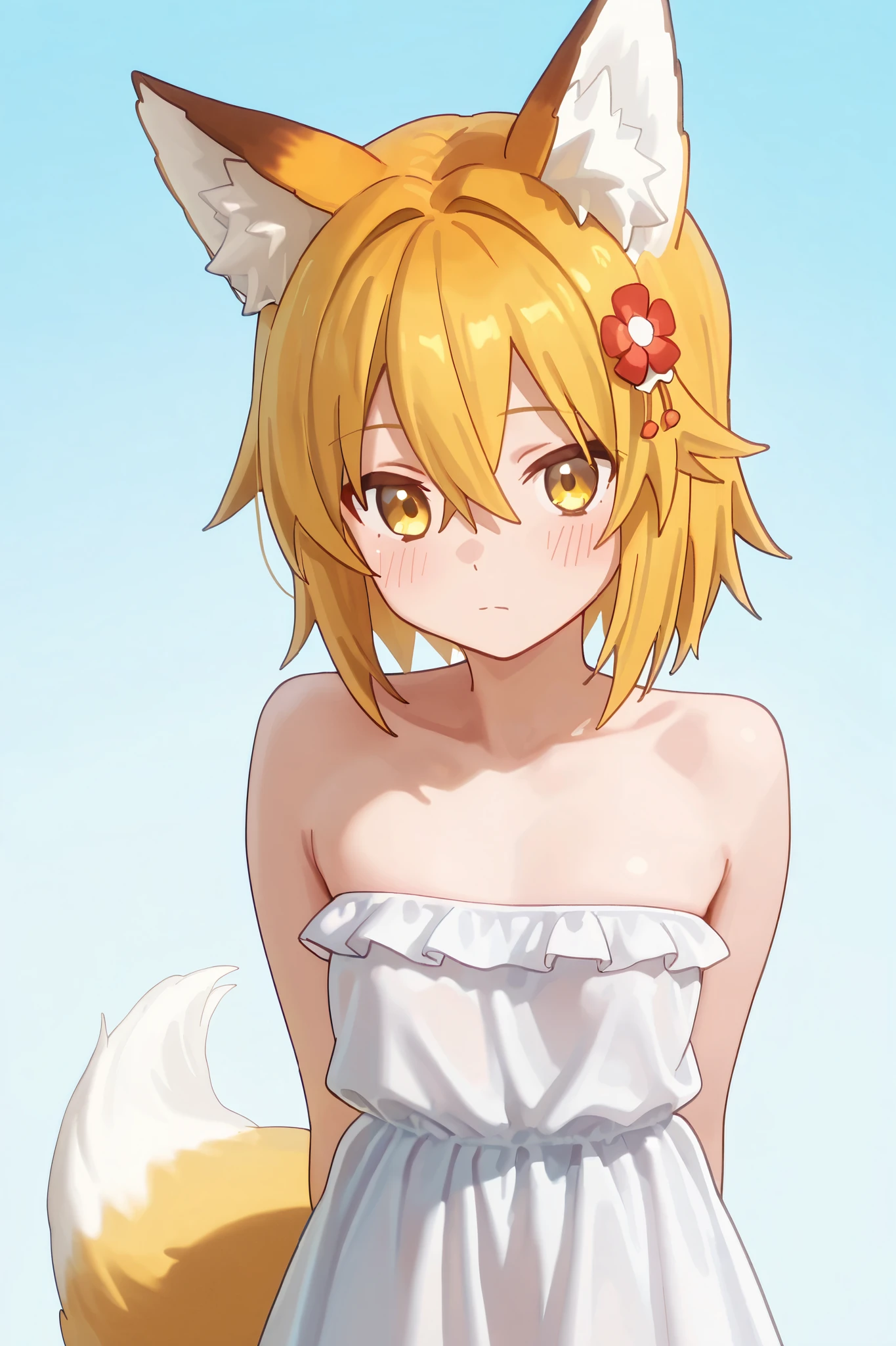 NSFW,masterpiece,best quality,high resolution,very detailed,Fairy Fox\(世話やきキツネのFairy Foxさん\),short hair,bungs、golden hair、hair ornament、 Beast Ears、hair between eyes、yellow eyes、flower、髪のflower、 Beast Earsの綿毛、fox ears、赤いflower、Fox Girl,strapless ruffle dress