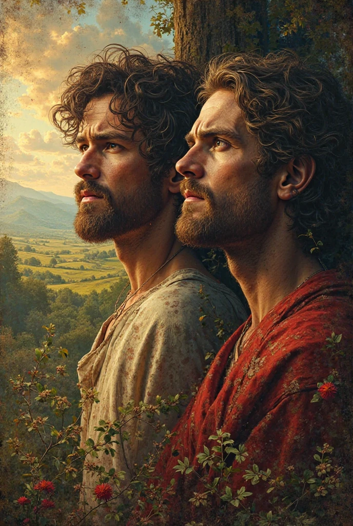 Portrait of two young brothers, Cain and Abel, in a pastoral setting.