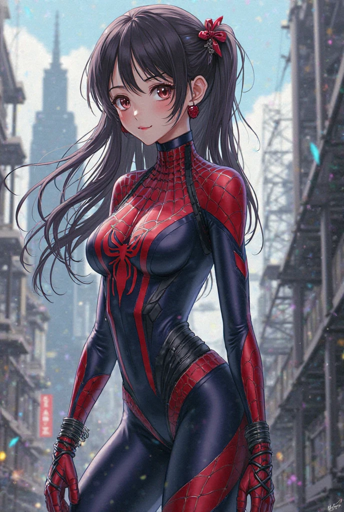 12 years, 1girl, solo, ponytail black hair, brown eyes, light smile, sexy pose, blue energy ball in her hand, standing, full body, suit spiderman (red and blue outfit:1.3), symbiose, spider symbol on chest, city, night