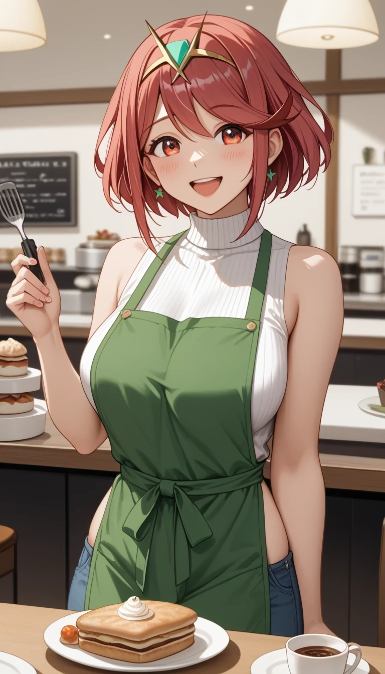 1girl, solo, nakano ichika, pink short hair, (naked:1.3), (white apron), large breasts, cleavage, thighs, cafe background, (blushing:1.2), smiling