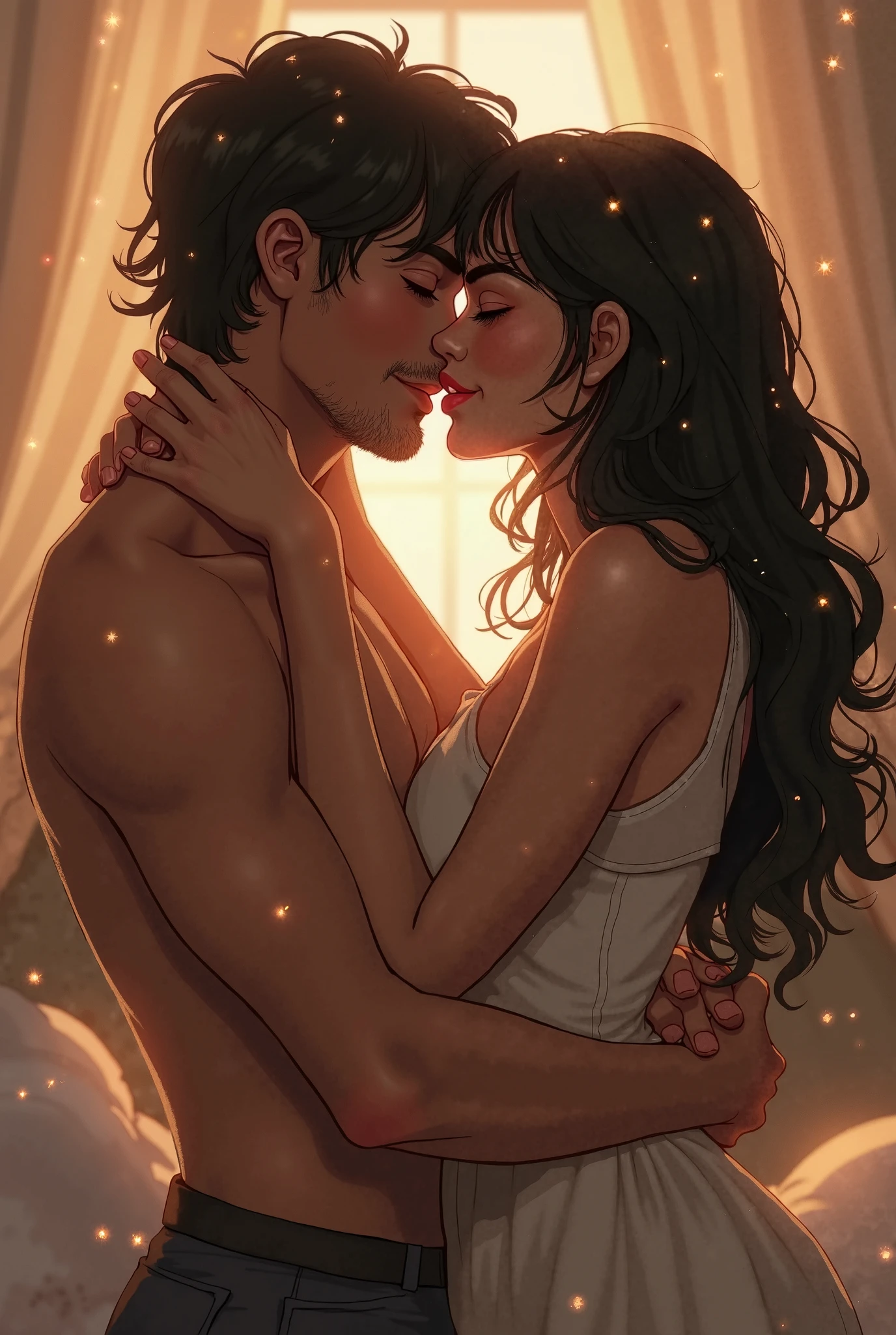 アニメ:a hot woman with an oval face, dark shaped eyes, medium brown curly hair with aqua green side highlights,with 1,72 tall, piercing in belly button and nose having sex with a strong man black wavy hair with mullet cut of 1,92 de altura piercing na boca e com outro homem de aparência indígena forte with 1,95 tall and eyebrow piercing