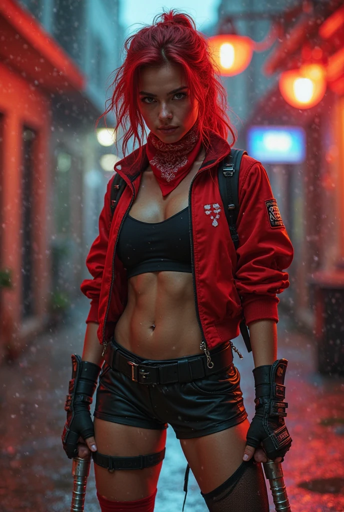 Male Superhero Red Arrow, wearing all red outfit and red apron, WEARING Red Hood COVERING HEAD, SFW, ALL READ OUTFIT, NO DETAILS, Perfect body, perfect face, showing his perfect face, holding an Arrow like a zombie, (top quality 、8k、32k、masterpiece、NFFSW:1.3)、(The ultra-high definition)、(Photorealistic:1.4)、RAW photography,perfect eyes,Perfect charming figure,actionpose:1.2,Detailed cyberpunk fashion、Cyberpunk world, depth of fields, blurred background,、