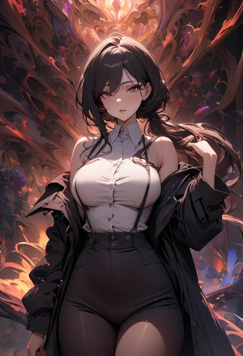 (solo), older looking woman, black hair, messy hair, mane hair, long hair, dense hair, wild hair, expressive hair, mature,(25 year old), pale skin, blue eyes, ((woman)), beautiful girl, serious, wearing a black shirt, black ubuttoned shirt with rolled up sleeves, large breast, medium ass, black pants, Katana, beautiful, attractive, eye reflection, depth of field, thunder aura,cinematic lighting, ray tracing, depth of field, cinematic lighting, ray tracing, UHD, high details, best quality, highres, high quality, award winning, super detail, masterpiece, 8k, UHD, high details, best quality, highres, high quality, award winning, super detail, masterpiece, 8k, digital art, anime coloring, body shot, good face, perfect face, detailed face, good eyes. in Space, stars and planets