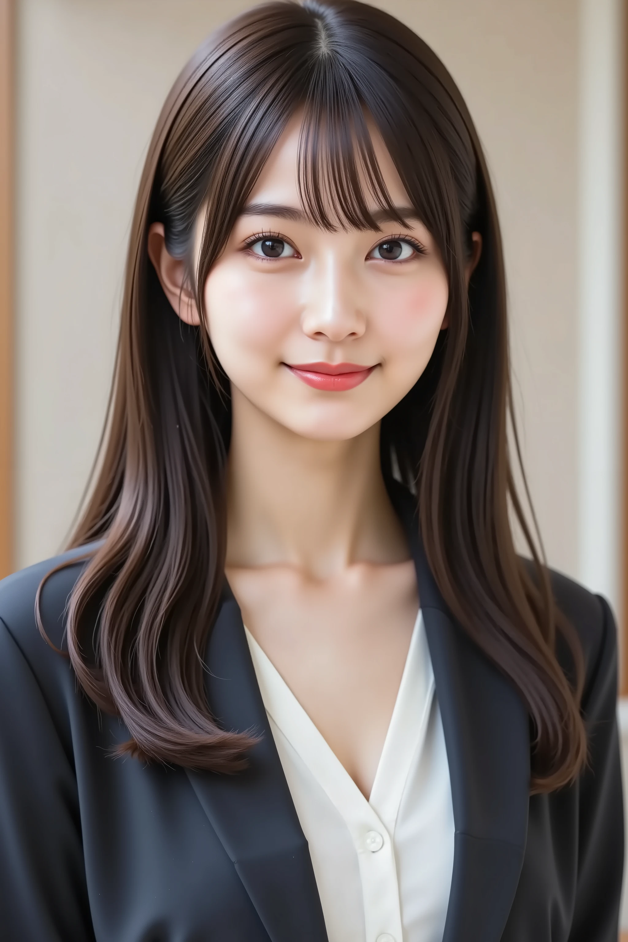 A highly detailed, ultra-realistic digital illustration of a beautiful young Asian woman, with her upper body fully visible and centered in the frame. She has long, smooth black カーリーhair with soft bangs, and her clear, luminous skin complements her warm, inviting smile. Her large, expressive eyes are enhanced by natural, elegant makeup. She is wearing a well-tailored, dark-colored suit jacket over a crisp white blouse, exuding professionalism and sophistication. The background is a minimalist, neutral tone that subtly contrasts with her attire, ensuring she remains the focal point. The image is rendered in 8K resolution, capturing every intricate detail with pristine clarity.