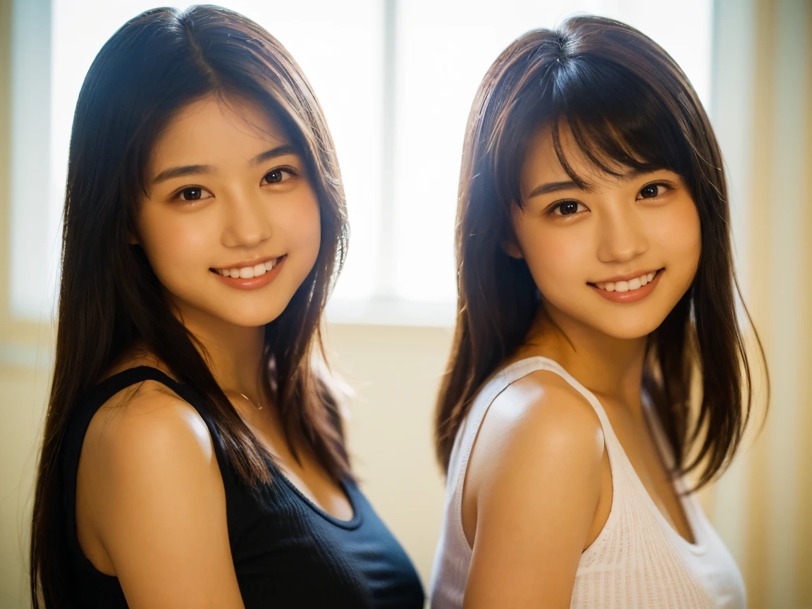 8K, 超High resolution, highest quality, masterpiece, 超Realistic, photograph, 1 girl, (16 years old:1.3), pretty girl, Cute face, Beautiful eyes in every detail, Detailed, masterpiece, One beautiful girl, Fine grain, Swollen eyes, The best quality at its best, hyper HD, (Realistic: 1.4), RAWphotograph, One girl, Cinema Lighting, Japanese, Asian Beauties, South Korea, so beautiful, Beautiful skins, slim, Body facing forward, (Ultra-photographic realism), (High resolution), (8K), (Very detailed), (Best Illustration), (Beautiful and delicate eyes), (Super detailed) , Detailed face, View your viewers, Staring straight ahead, Dress neatly, No sleeve,Short fine hair,Brunette color hair,46 point diagonal bangs,The room is based on white.,Clean atmosphere,Big Chest,Natural large breasts exposed、Sexy pose、See through 、Look at the audience、beauty,Long neck、Smile a little、Please close your mouth and laugh、(((Ideal body proportions))),A cup small breasts :2,、Portraiture:2、Perfect Anatomy、Vivid details、detailed、超Realistic、Light and shadow,Strong light,Fashion magazine cover,Thin lips