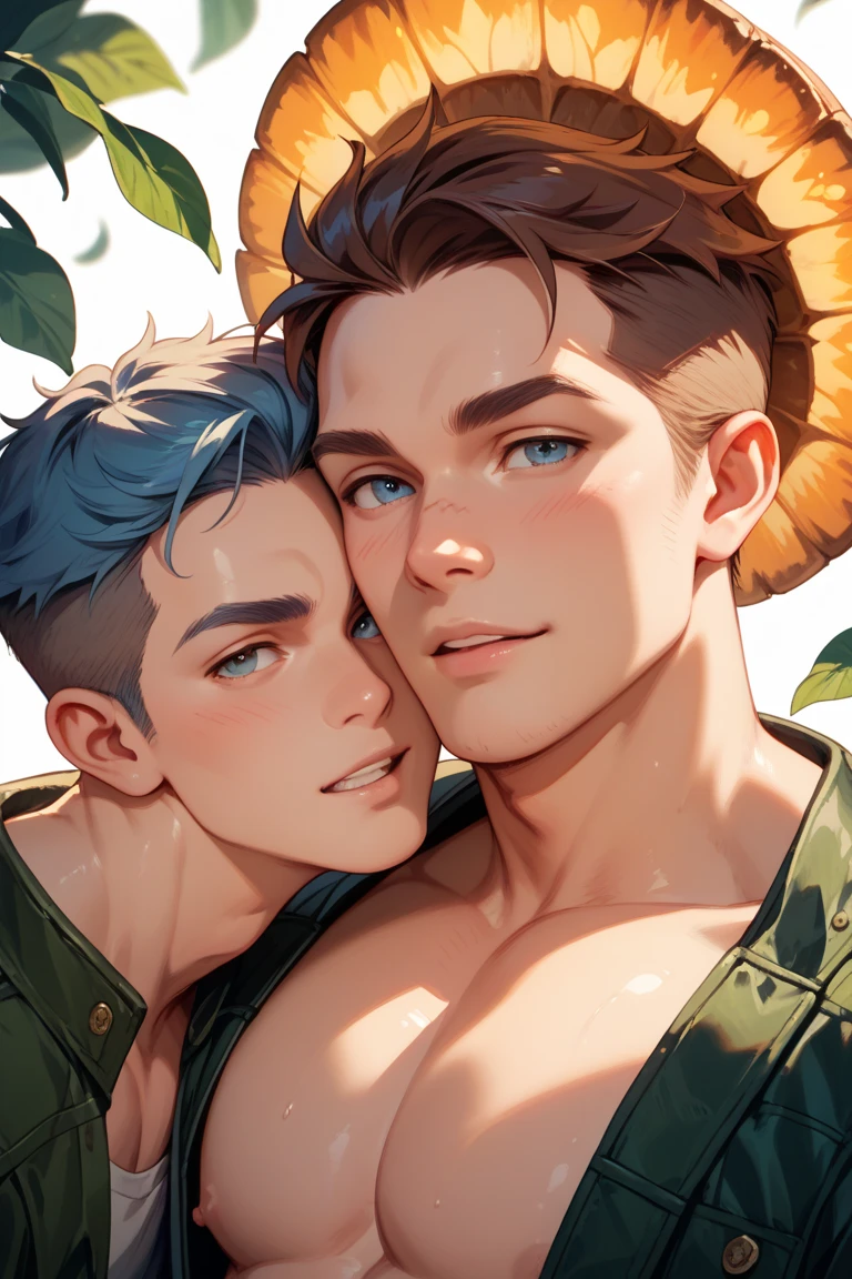 I want you to make me a man lying down with flowers under which he has his eyes open and the other one is on the other side looking at him. Both with their eyes open but in 2D but realistic and only one is lying on the bed of flowers but in 2D and realistic, one is blond with green eyes and the other is black-haired with blue eyes.