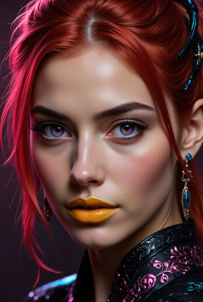 Nice close up. A spiky mannequin with red-yellow hair with bright orange makeup. creative makeup. Fake freckles glowing hydrated skin. Editorial fashion, high quality and high quality. Clear, true colors and a natural background