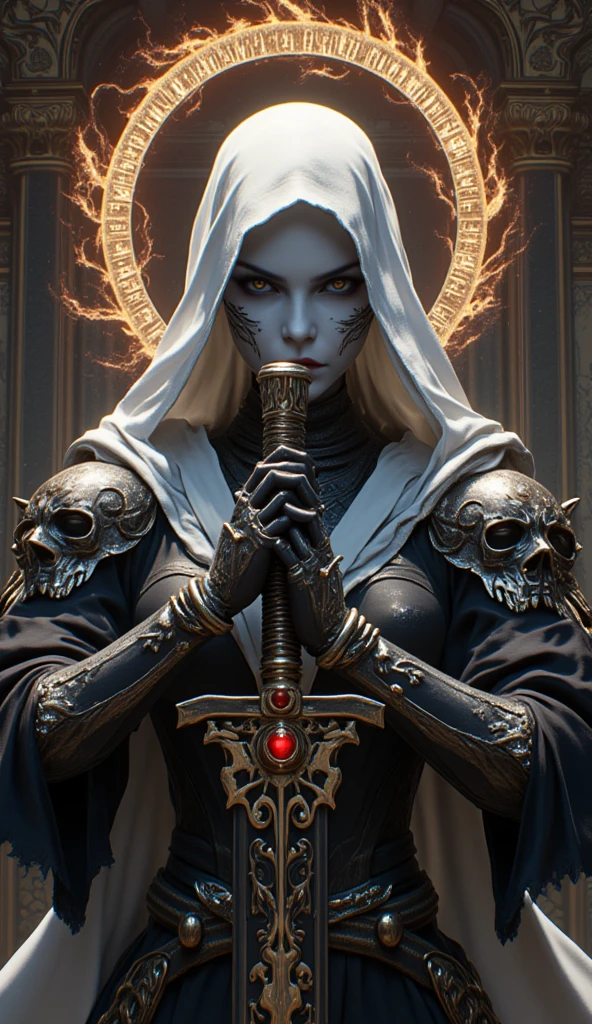 a female grimm reaper warrior, dark hooded robe, scythe weapon, gothic fantasy, intricate details, dark moody lighting, dramatic pose, intense glowing eyes, detailed facial features, long flowing hair, dark shadowy background, photorealistic, 8k, highly detailed, cinematic, dramatic lighting, dramatic atmosphere, striking pose
