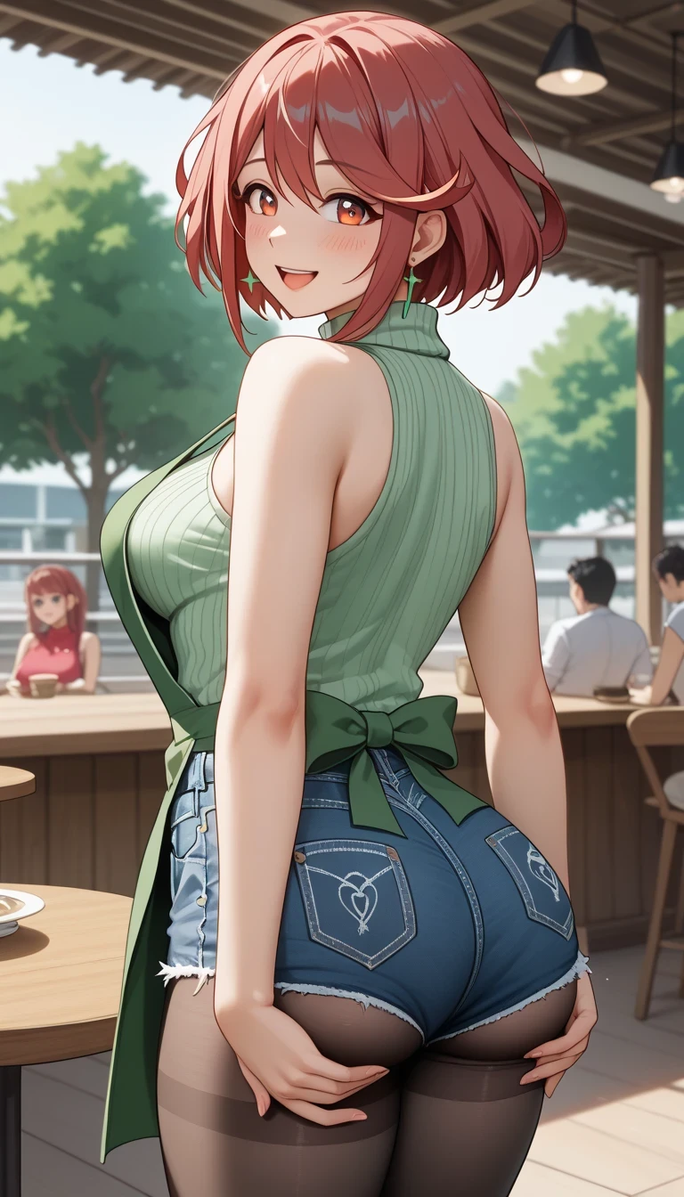 score_9, score_8_up, score_7_up, source_anime、top quality、8k、 masterpiece、ultra high definition、 natural light、perfect anatomy、 perfect eyes、beautiful eyes、one woman、medium breasts、saggy breasts:1.4、Pyra , (green apron、sleeveless rib knit sweater、denim shorts、cuts into the butt、pantyhose)))、((embarrassing:1.2、happy、older))、Cafe、 stand and pose、back view