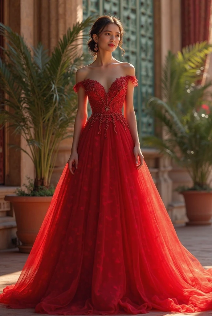 I want a dress to wear at my sister's wedding. I want it to look like long elegant bloody red but gives cool vibes. And it would be great if I can take of or change one peace of fabric on my dress and it should look like different dress. Like I wear 2 dresses for my sister's wedding.
