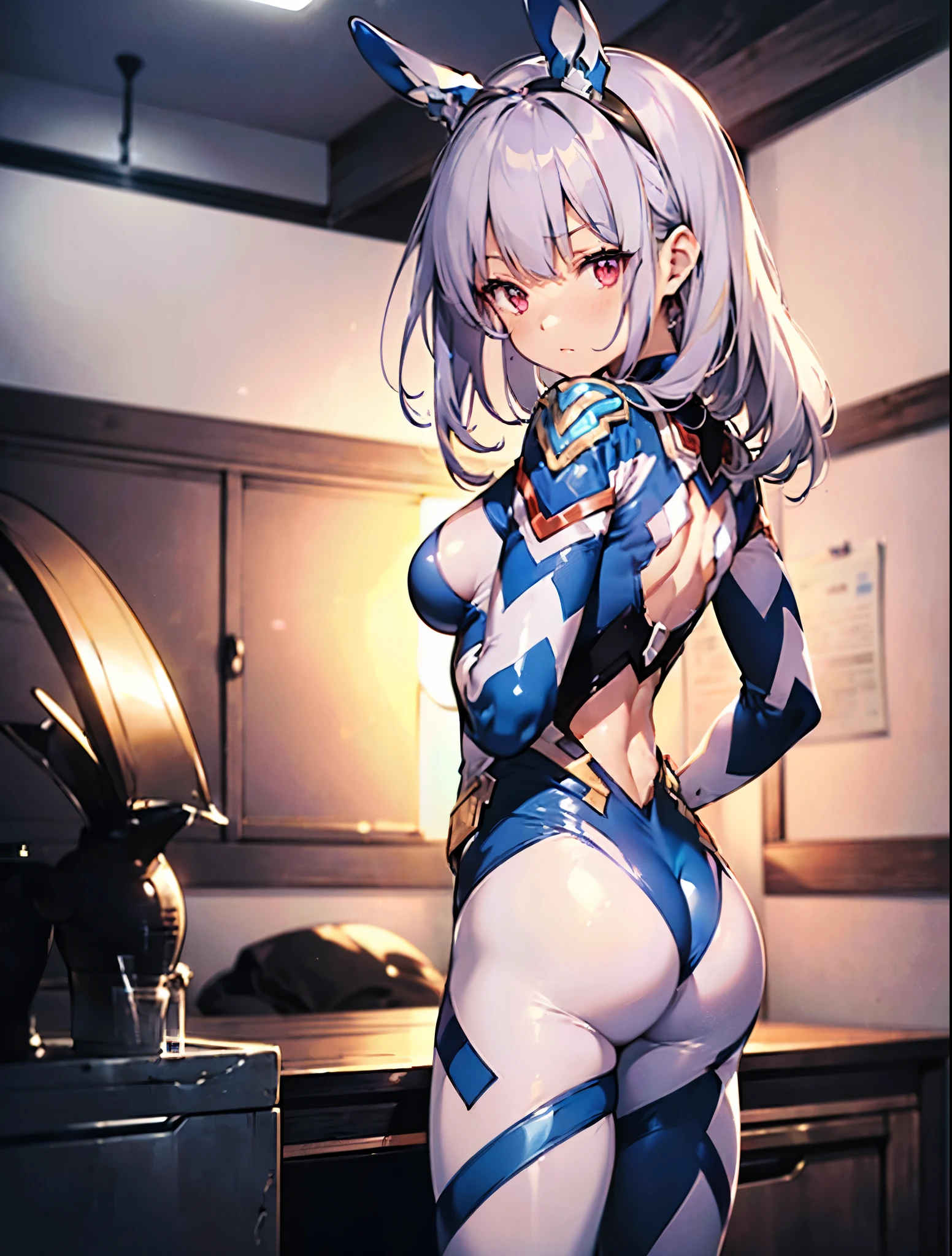 The prompt is: voluptuous,  thick thighs, 8K, 4K, best quality, high resolution:1.2), cute anime face, noise reduction, sparkling blue eyes, cheerful smile , open your mouth and laugh ,rounded, wearing a headband, naked, barefoot, toned abs, muscular arms, muscular legs, in a bedroom , young face, anime chic eyes, at church, felicia (Vampire), light blue hair, cat pose, squat, open the thighs, Cat invitation, back view, emphasize the buttocks, T-back that digs into your butt
Please note that the prompt should be in English and should not include any explanations or sentences.