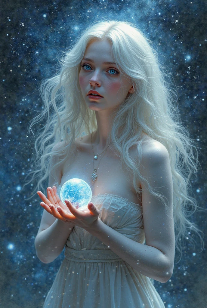 professional photograph, a beautiful albino, tattered clothing, wild, tangled hair,  in the snow, holding a glowing orb filled with stars,  (small :1.1), blossom, moon, extreme long shot , <lora:whiteeyes_11-04:1> whiteeyes