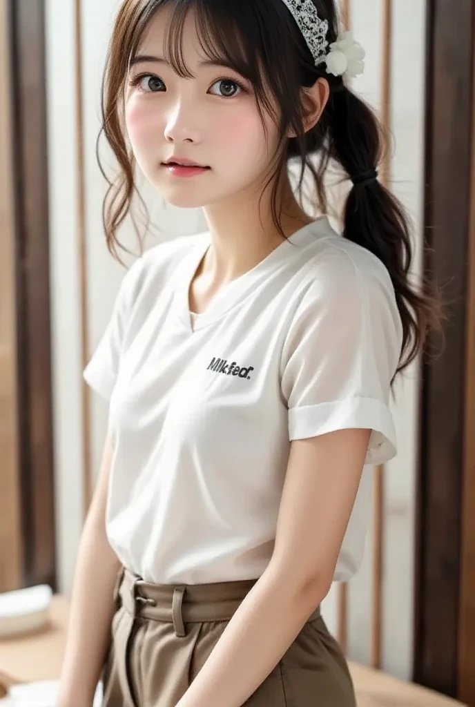 a closeup, masterpiece, top-quality, FULL ANATOMY、Raw foto, Photorealsitic, faces, unbelievable Ridiculous, beautiful a girl, cute little, shorth hair, White underwear、depth of fields, hight resolution, ultra-detailliert, finely detail, ighly detailed, extremely detailed eye and face, Realistic pupils, foco nítido, Cinematic lighting、flat breast、tiny chest、small tits、(Petite bust:1.2)、Petite bust、 (Slimed、small tit、flat boobs、small tit)、 a 20 yo woman、Sexual facial expressions、sexy pose、 Wet body、Blushing、Sweating、Very embarrassed look、The face is bright red、short-hair、Straight bob hair、Shorthair with bangs、A smile、Very detailed 8k wallpaper、Sheer white shirt、Show me your whole body、Plump bloomers、White Sox、is standing、Classroom、White T-shirt、Dark blue Japan bloomers、Dark blue panties、Knees held with both hands、Sitting with bent knees、M-shaped legs、Gymnastics sitting、Physical education sitting、Large, loose white crewneck T-shirt、