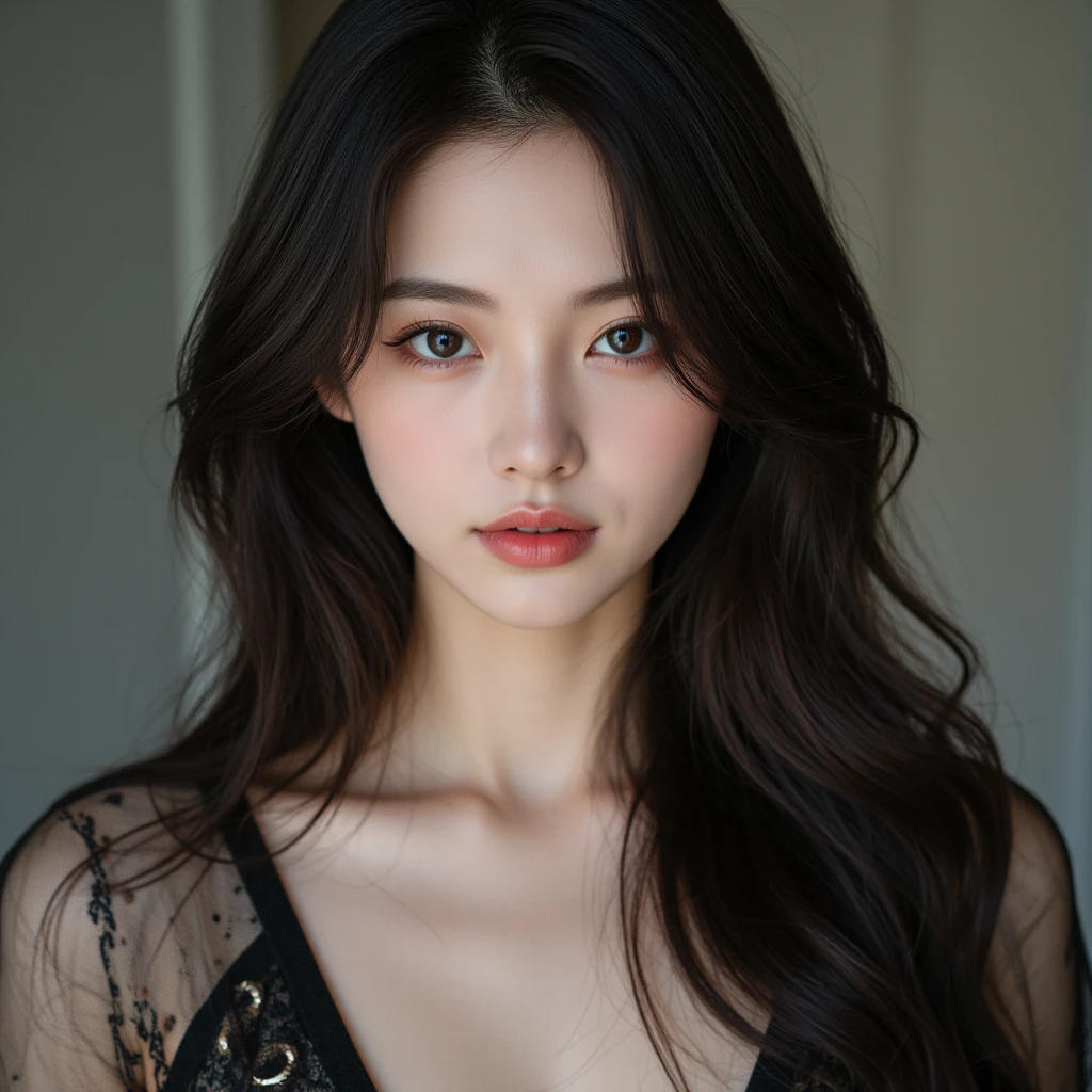 highest quality, masterpiece, Ultra-high resolution, (Realistic:1.5), RAW Photos, In the Dark, Deep Shadow, Inconspicuous key, Cold Light, Observe the audience, ((Dark Background)),small breasts 1.2, Exposed cleavage, Long Bangs, blue eyes, Sharp Face, Sharp eyes, Ultra-high resolution,  perfect glowing skin, Perfect lighting, Detailed lighting, Dramatic Shadows, Ray Tracing, Black sweater, blue eyes,  Browsing Caution,  Upper Body, Open your mouth,Moist lips 1.5、