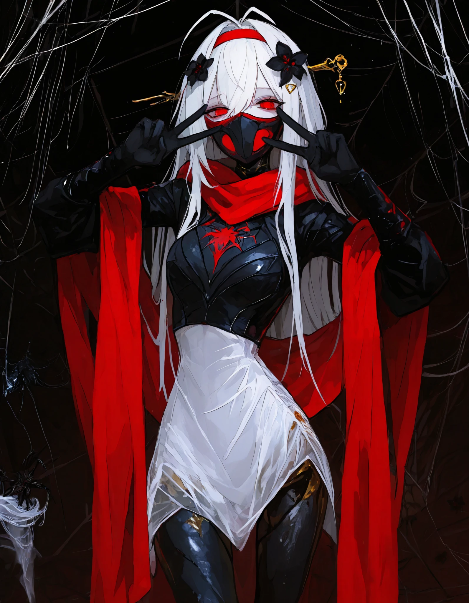 girl, white hair,long hair,in red eyes,black flower adorning hair,Sharp eyes,medium chest,girlแมลง,Slim Gold Hairpin, thin waist,cyberbody,black antenna,Tall,figure,black sleeve ,Spider web black widow,Insect Mask, assassin, red headband ,Red Short Scarf,Black Armor,black sleeve ,Insect Eye ,,Half an insect,In multi-layered eyes,Sharp eyes,Pointed eyes ,Insect legs,Long Raincoat,Slim Gold Hairpin,good figure, small waist ,Thin white tunic,awesome,Spider web,White Body Shawl,V sign,standing,