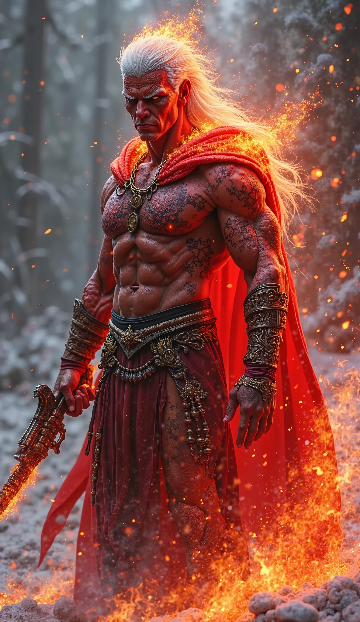 Sexy thin muscular wizard with big crotch bulge in the cold snow storm, muscular wizard in the cold snow. Men in sexy magical underwear. Sexy wizard male. Wizard with a big dark powers. Hairless handsome man fighting in the snow. Wizard with shiny tattoos in his arms and a long red hood. Sexy slim underwear. Big dick bulge.