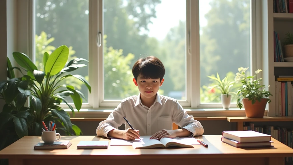 A young boy student studying in room with a study background