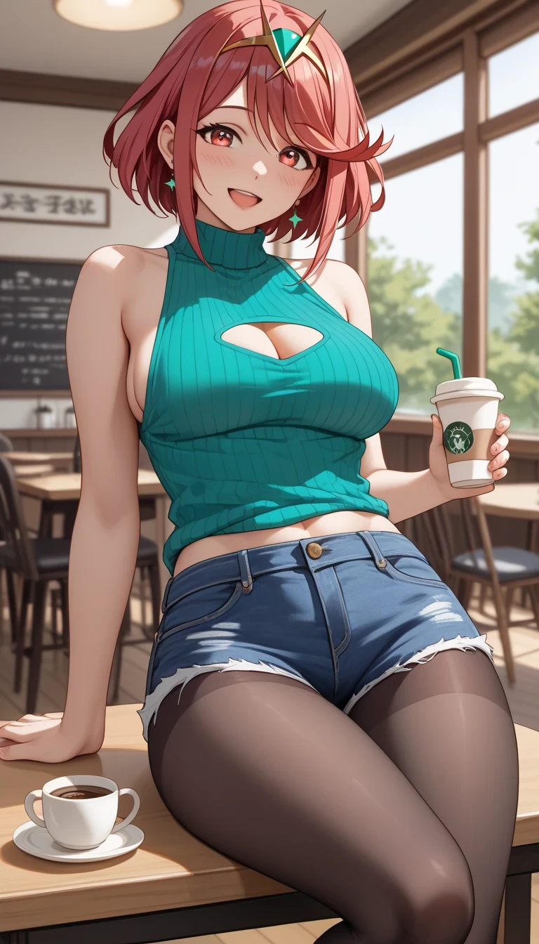 1girl in, Solo, Nakano Yotsuba, Orange hair, Hair Bow, (green bowtie), (Naked:1.3), (White Apron), Large breasts, cleavage, thighs thighs thighs thighs, Cafe Background, (Blushing:1.3)