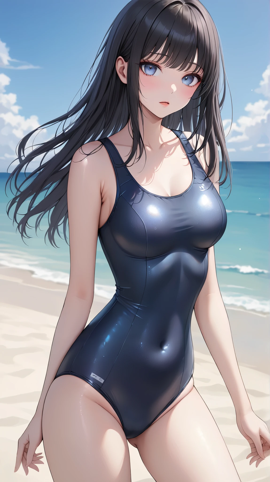 a woman in a wetsuit sitting on the ground next to a beach, seductive anime girl, beautiful anime girl squatting, beautiful alluring anime woman, extremely detailed artgerm, realistic bikini, sexy pose, | fine detail anime, by Kentaro Miura, thicc, at the beach, marin kitagawa fanart, monokini, anime goddess