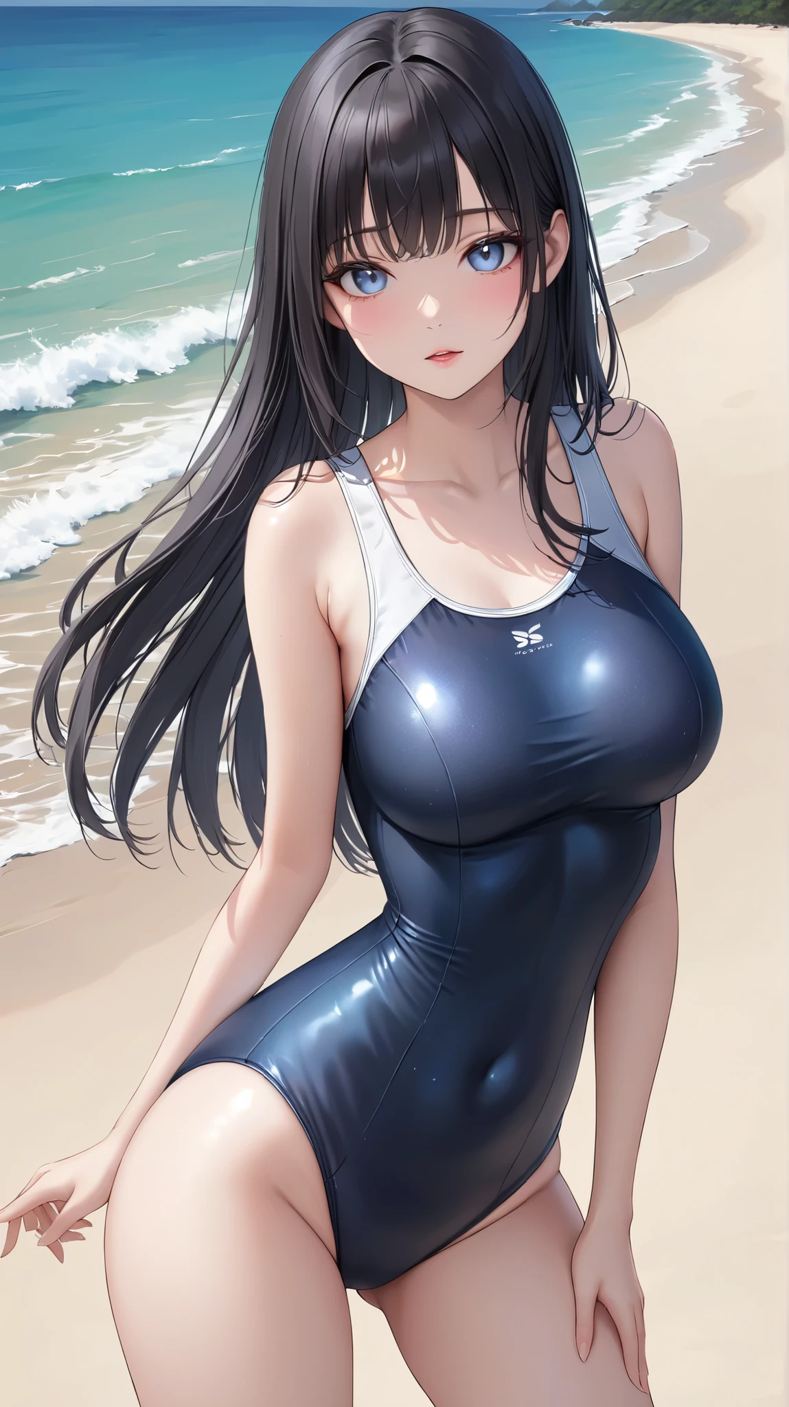 high resolution、Ultra HD、Best Quality、Top quality、Extremely detailed image quality、Realistic woman、A big smile、(1girl:1.8)、(looking straight:1.8), Japanese、Peaceful face、milf 、Plump body、belly button、Black Hair、long、Shiny skin、Skin that is very shiny after applying oil、High gloss skin、Facing forward、The whole body is reflected、(seascape:1.6)、stretch、Woman wearing(The description of Competition swimwear:1.5), (One piece swimsuit:1.2), (High leg swimsuit:1.5), High leg panties, (Bursting huge breasts、Valley、Shiny skin、radiant skin、Glowing Skin、High gloss skin:1.4)、