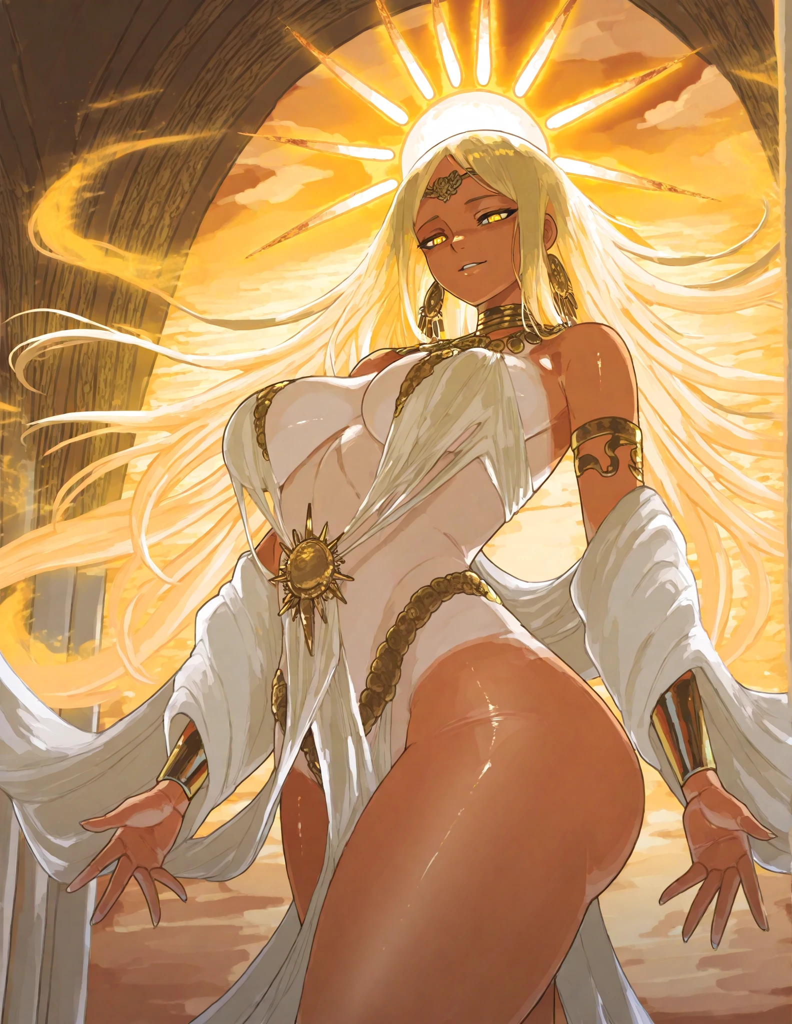 In a vibrant tribal setting, an Indian woman of remarkable beauty stands out. Her porcelain-white skin is highlighted by the colorful ornaments that adorn her body. Long, white hair flows gracefully, framing a face that radiates a mixture of grace and strength. His black eyes, deep as the night, reflect the ancient wisdom of his lineage. Wearing richly decorated tribal attire, the Indian woman displays a slim waist that highlights her natural elegance. The sculpted silhouette highlights medium breasts with a serene grace, while her lush thighs reveal the strength and vitality that emanate from the earth that supports her. In its presence, tradition and beauty converge, forming an image that transcends time and celebrates the richness of cultural heritage.