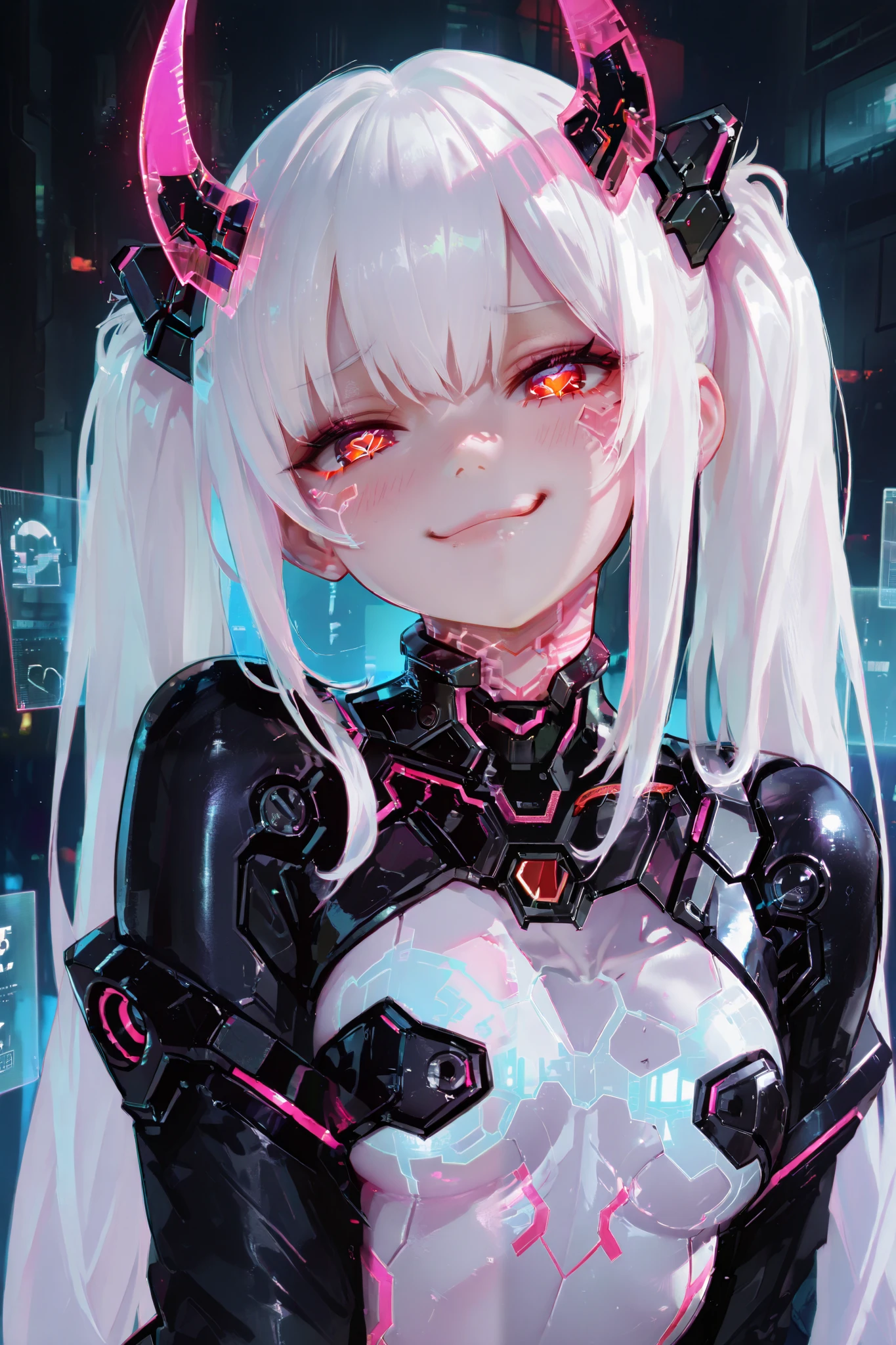 masterpiece, best quality, Detailed Eyes, girl, fantasy, twintail white hair, cute, red eye, tiny and black horn, naughty, cutie face, semi realistic, pink neon accessories, black cyber suit, smile, solo charactor, cyberpunk background, hologram, looking at viewer, naughty, playful, XD face
