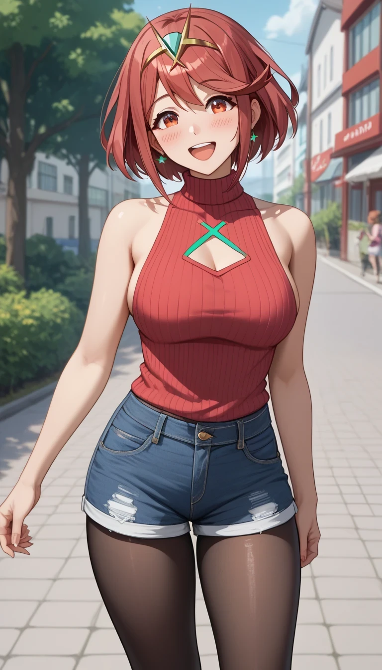 score_9, score_8_up, score_7_up, source_anime、top quality、8k、 masterpiece、ultra high definition、 natural light、perfect anatomy、 perfect eyes、beautiful eyes、one woman、medium breasts、saggy breasts:1.4、Pyra , (sleeveless rib knit sweater、chest cutout、denim shorts、pantyhose)))、((embarrassing:1.2、happy、older))、spring park、Take a walk、(((Cleavage、side boob)))、full body shot