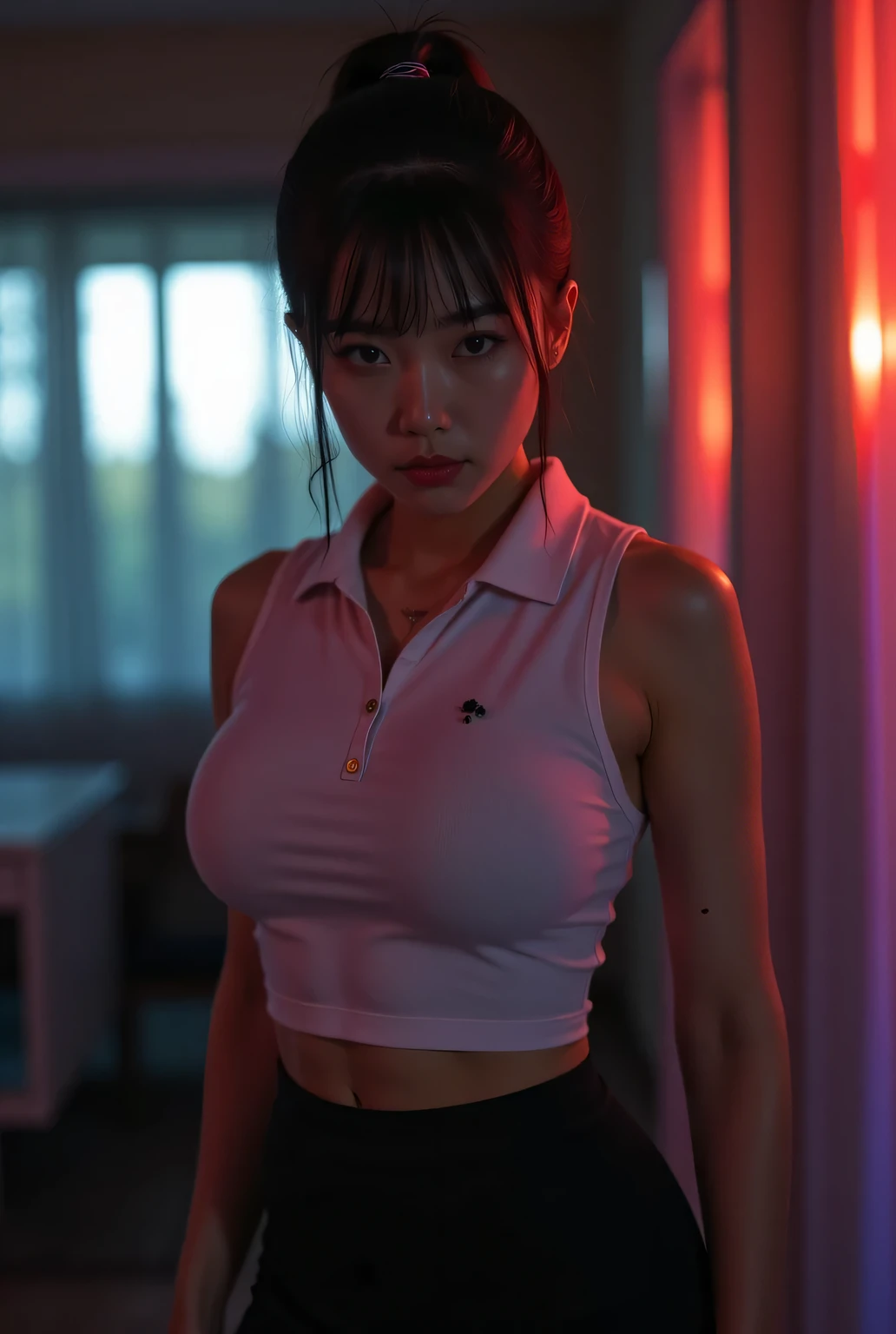 standing, viewer view from diagonal bottom, highest quality, photo realistic, high resolution, masterpiece,
super beautiful Japanese mature woman, 50years old, looks like a intimidating dominatrix, condescending gaze, charm with gaze, staring at the viewer, glossy skin, oily skin, eye makeup, long false eyelashes, eyeliners, mascara, lip makeup, short ponytail,
plain polo shirt, sleeveless, leggings, thick thighs,
dimly lit bed room in a newly motel late at night, windowless, curtain, easy-to-see color lighting, colorful to keep