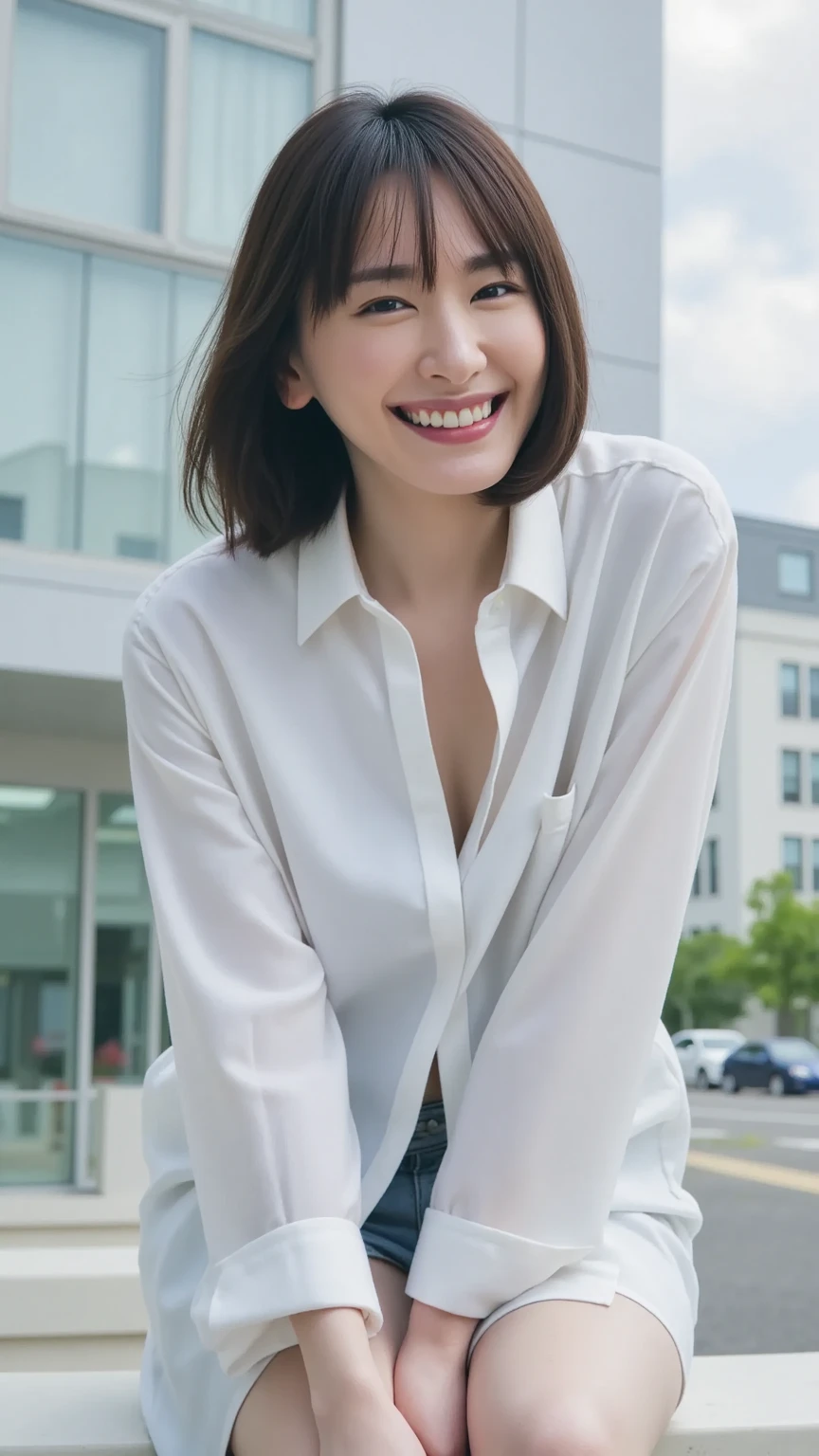 (top-quality,masterpiece:1.3,超A high resolution,),(ultra-detailliert,Caustics),(Photorealsitic:1.4,RAW shooting,) Use natural light and color,Woman in her 30s,japanes,,kawaii,((A big smile:1.5)), ((Random and cute facial expressions:1.5)), ((Random and cute hairstyles)),(depth of fields:1.3、,Best Quality, Full body portrait, Delicate face, attractive business beauty, White collared shirt, grey skirt, Black stockings, Sitting position,Modern meeting room
