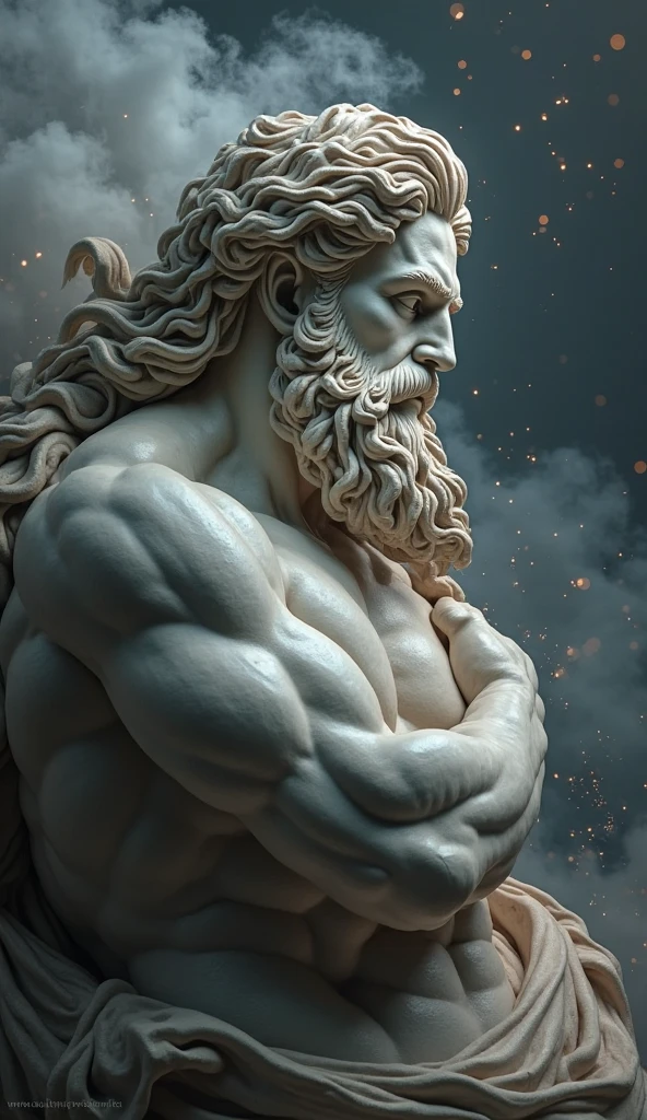 a close up of a statue of a man with a beard, rosto muito bem definido, corpo extremamente definido, O Deus Zeus, Furioso Deus Zeus, portrait of demigod hercules, O Deus Hefesto, deus grego, Hefesto, herculean, Retrato de Zeus acidentado, Zeus, statue of zeus, Retrato pintado de Zeus acidentado, Retrato do deus grego Ares, Mito grego pintura digital (obra-prima) (8k high resolution) (melhor qualidade) (Ultra Definition) (Ultra realista)(Foto RAW) (Foto realista) (bright illumination)