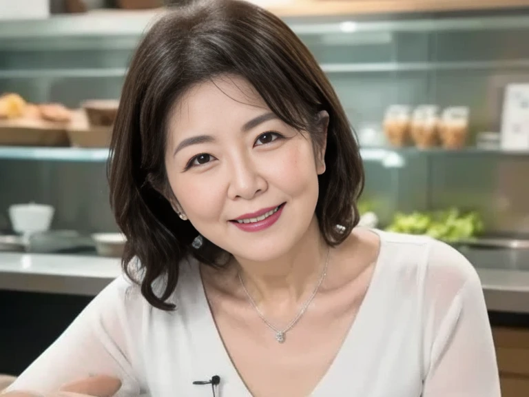 8k wallpaper, masterpiece, Highest quality, Very detailed, One Mature Woman, 50 years old, Become very clear, Wearing a short-sleeved knit, Skin dents, Captivating smile, Looking at the audience, No lapel microphone, Plump, Curvaceous, Attractive face, Smiling with teeth showing, I was happy, sitting in a cafe, Background Blur