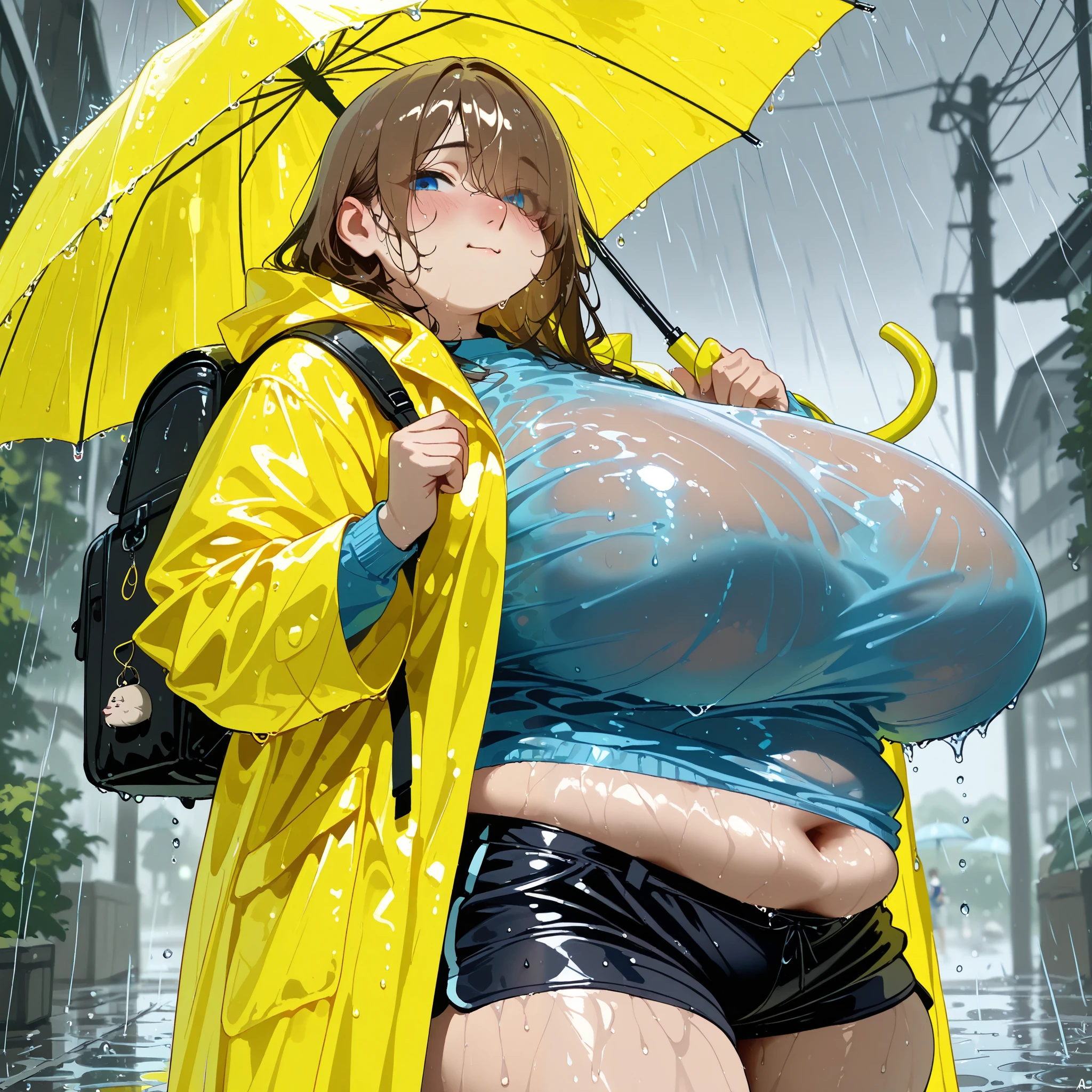 1girl, cute innocent girl, huge breasts, small hips, wearing a blue sweater and yellow rain coat, brown kakhi shorts, blue eyes, brown medium length hair, backpack she is walking across a college campus, (aquiline nose), eyes visible through hair, solo, (), (), best quality, masterpiece, (score_9), (score_8_up), (score_7_up), (shy and upset emotions:1.1), , (), (, () ), (holding an umbrella), (only the top part of her shirt is wet), perfect shadows , masterpiece, best quality, 8K, detailed, (specular thunderstorm lighting), (rain and thunderstorm) , (fat girl, love handles, fat face:1.1), (wet sweater, wet hair), midriff peek, fat belly peek, deep navel